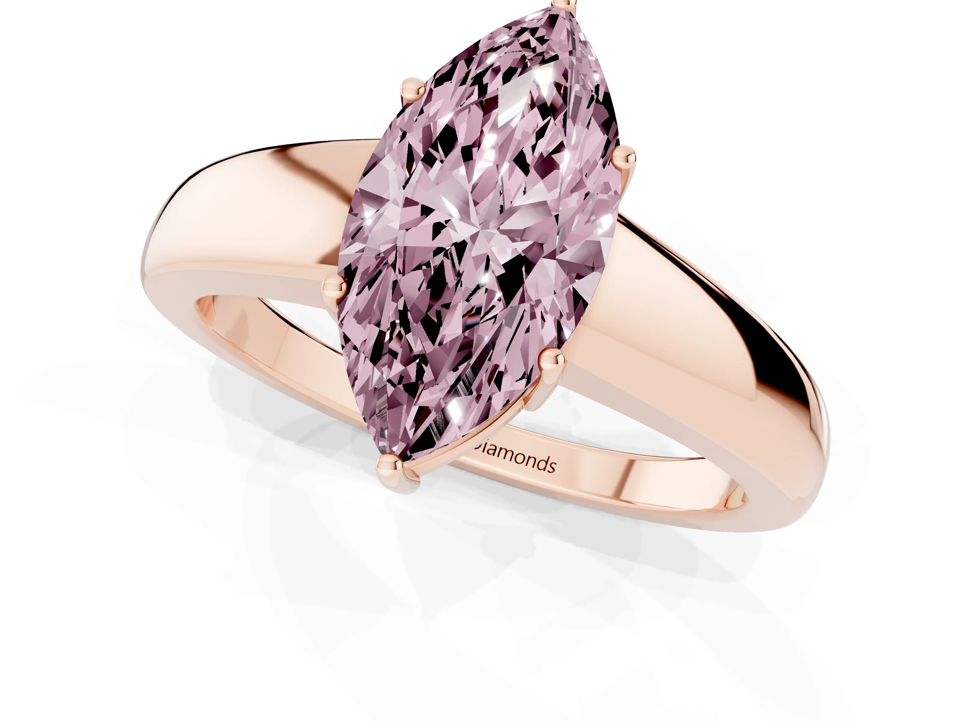 Fancy Pink Marquise Cut Diamond Solitaire Ring Set in Rose gold with Tapered Band and Prong Setting