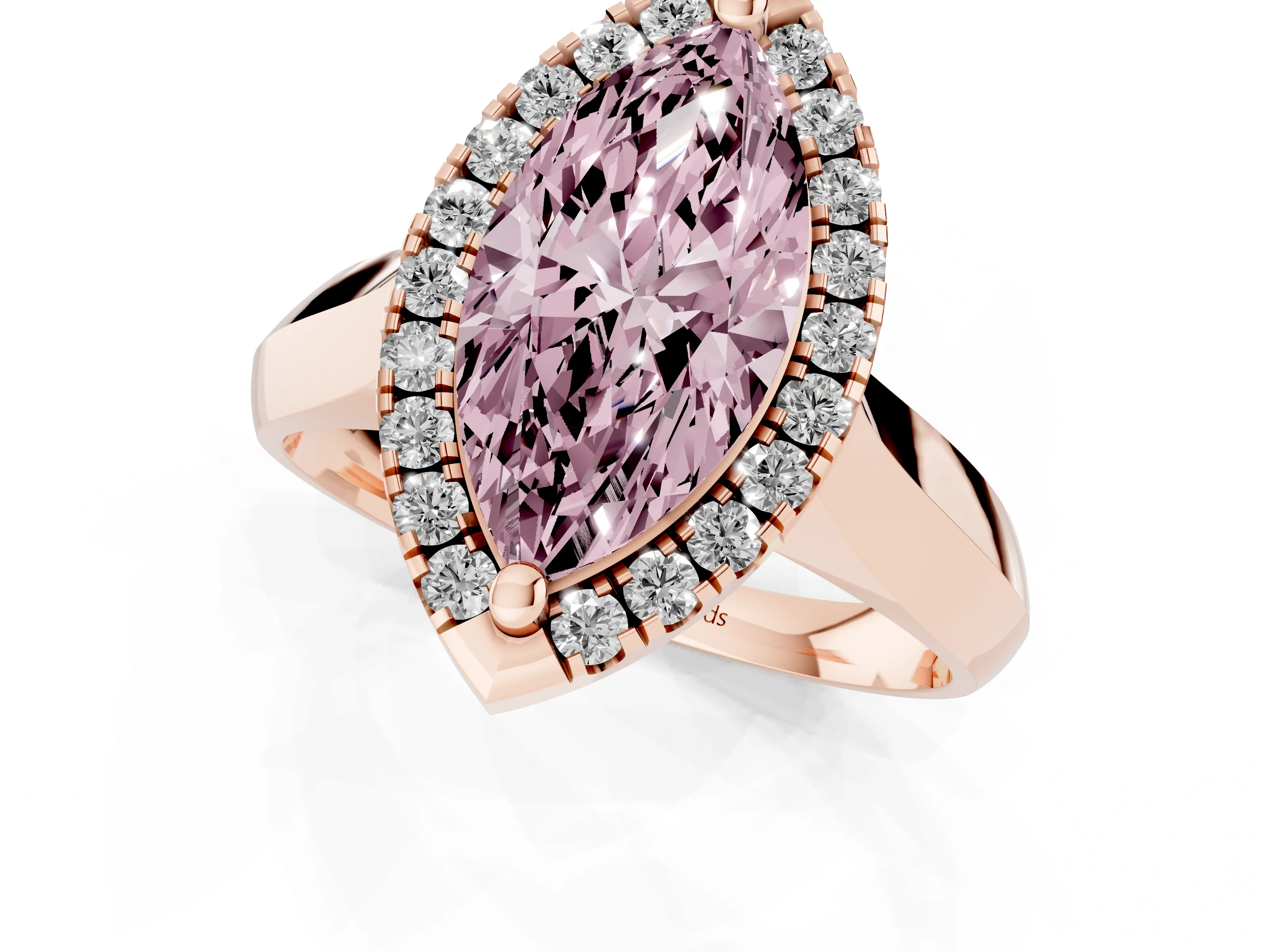 Fancy Pink Marquise Cut Diamond Halo Solitaire Engagement Ring Set in Rose gold with Square Band and Prong Setting