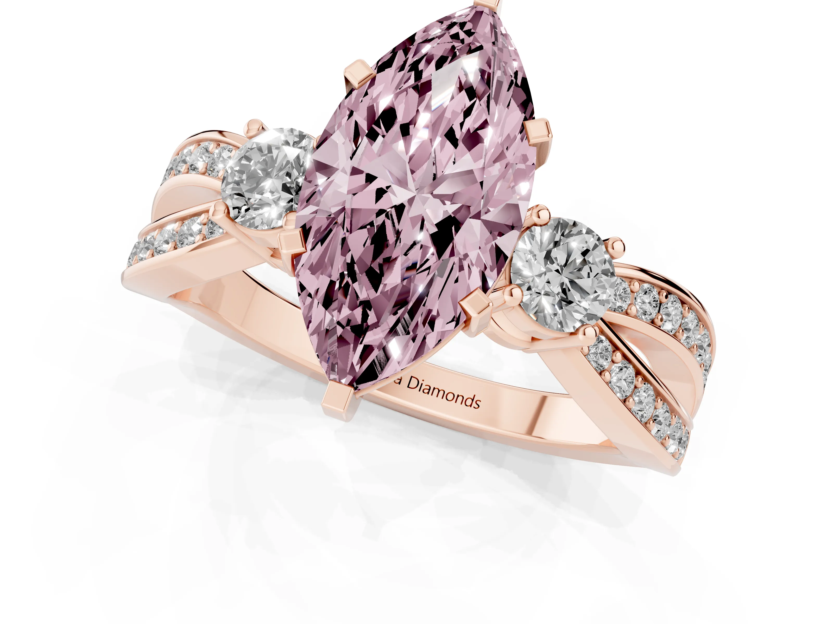 Fancy Pink Three-Stone Marquise Cut Diamond Twist Band Ring Set in Rose gold with Pavé Accents and Prong Setting
