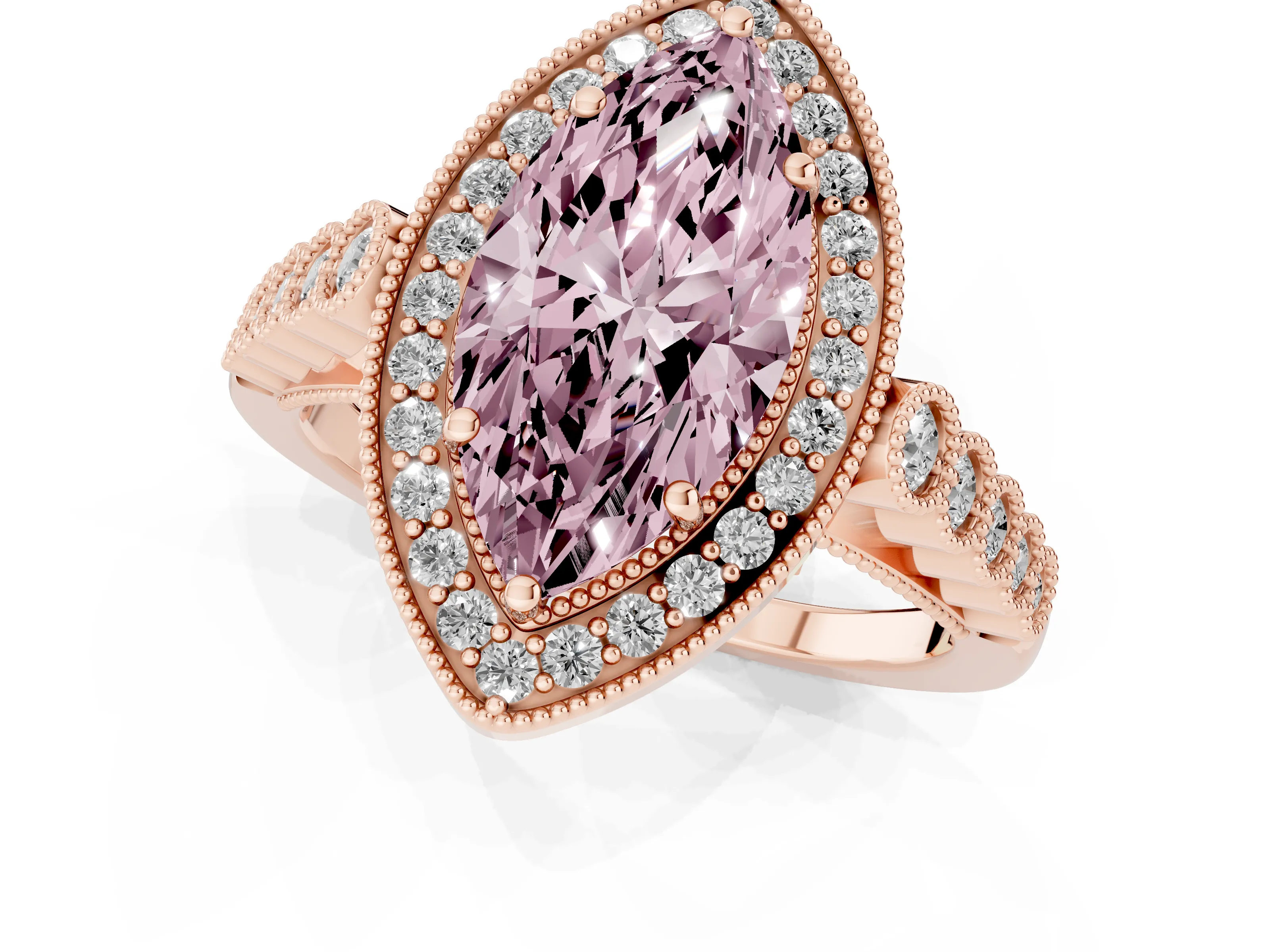 Fancy Pink Marquise Cut Diamond Milgrain Halo Solitaire Ring Set in Rose gold with Bezel Set Side Stones and Pavé Band
