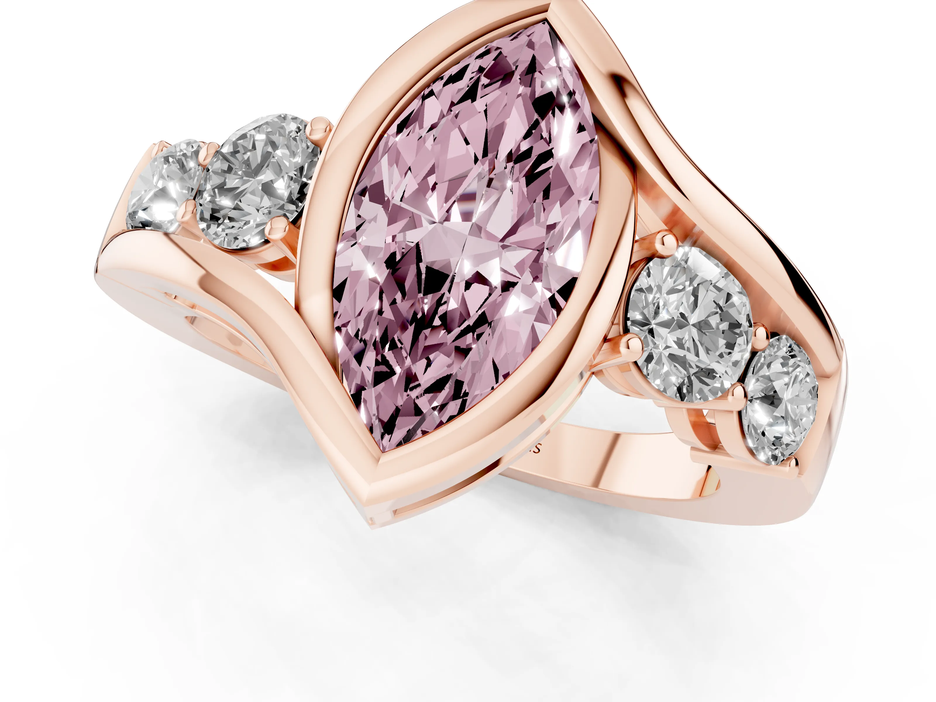 Fancy Pink Marquise Cut Diamond Bezel Bypass Ring Set in Rose gold with Round Accents