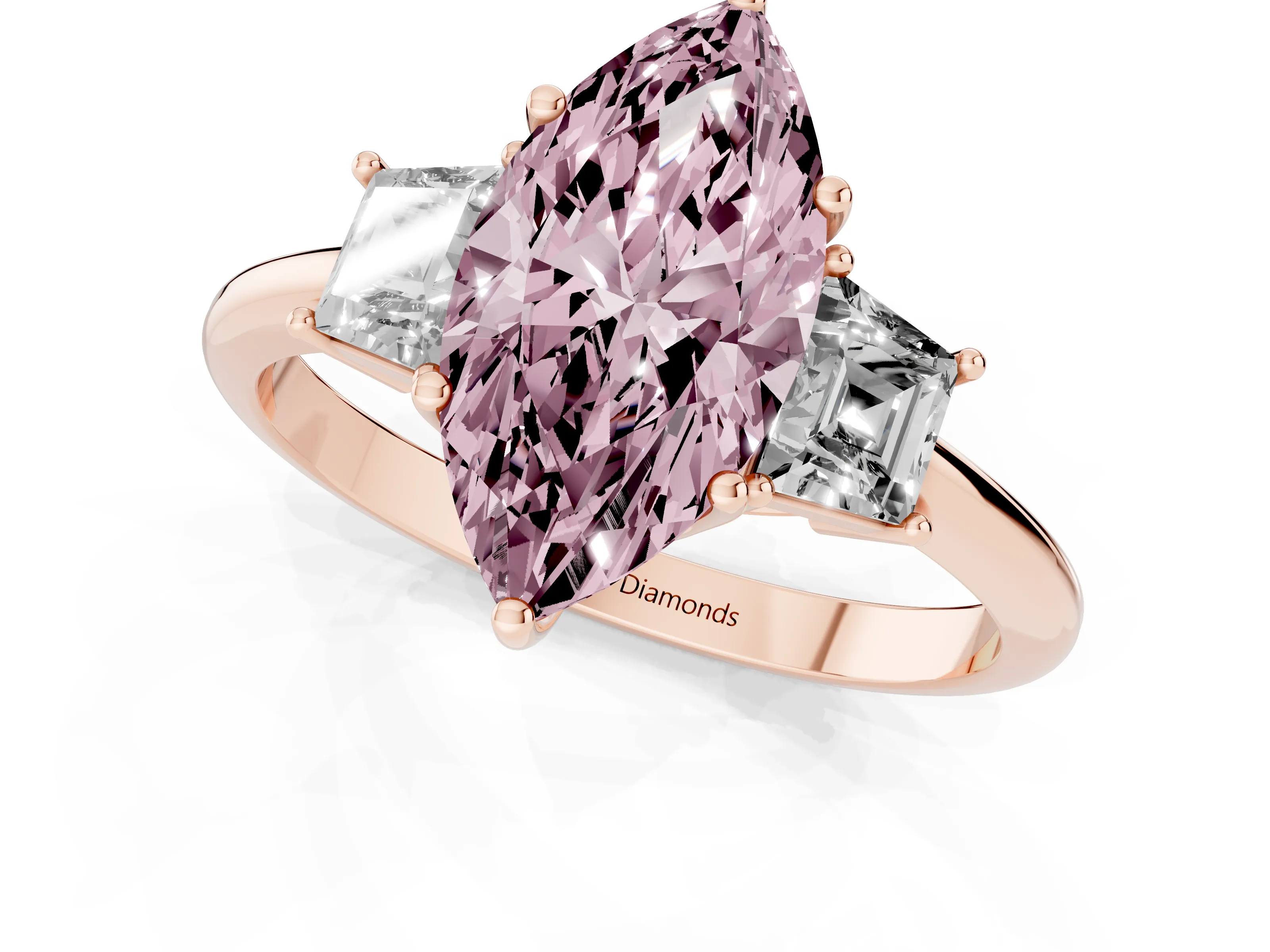 Fancy Pink Marquise Cut Diamond Three-Stone Ring Set in Rose gold with Trapezoid Side Stones and Prong Setting