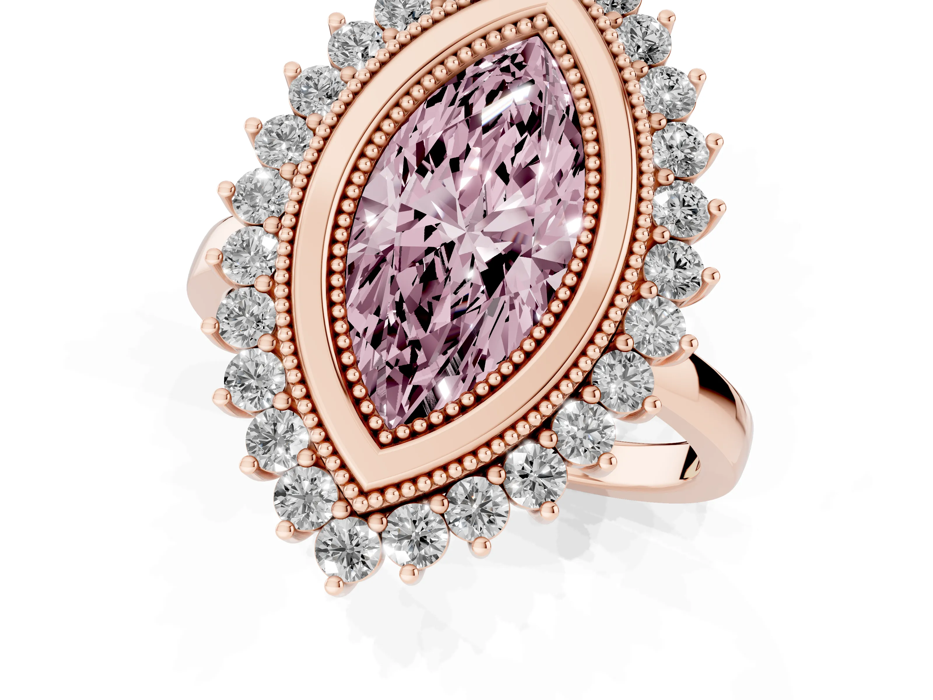 Fancy Pink Marquise Cut Diamond Halo Ring Set in Rose gold with Milgrain Edge and Round Prong Setting