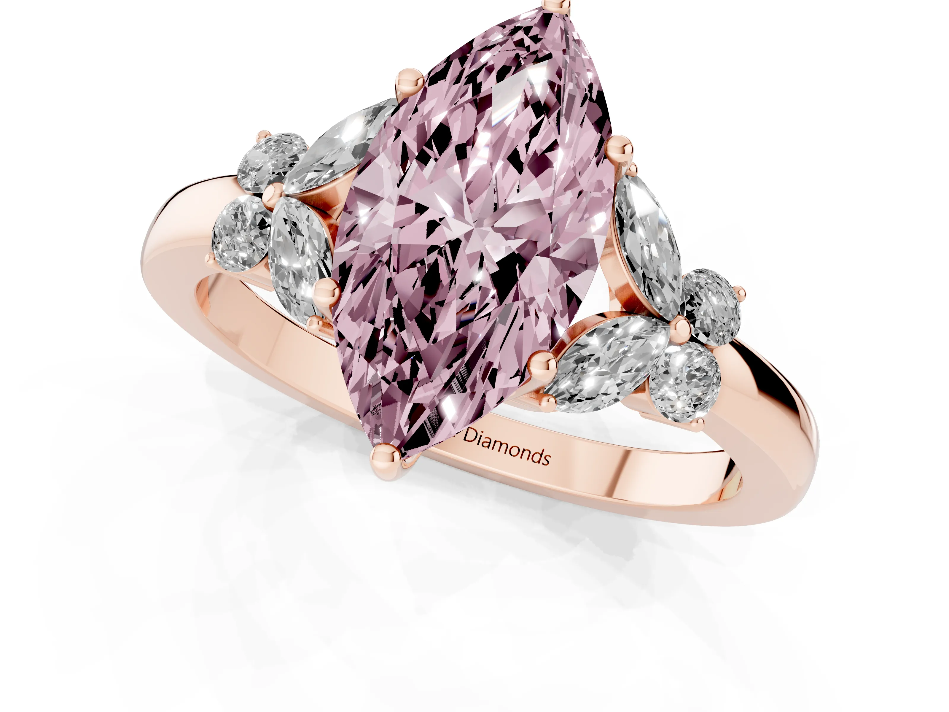 Fancy Pink Marquise Cut Diamond Solitaire Floral Ring Set in Rose gold with Marquise Petals and Prong Setting