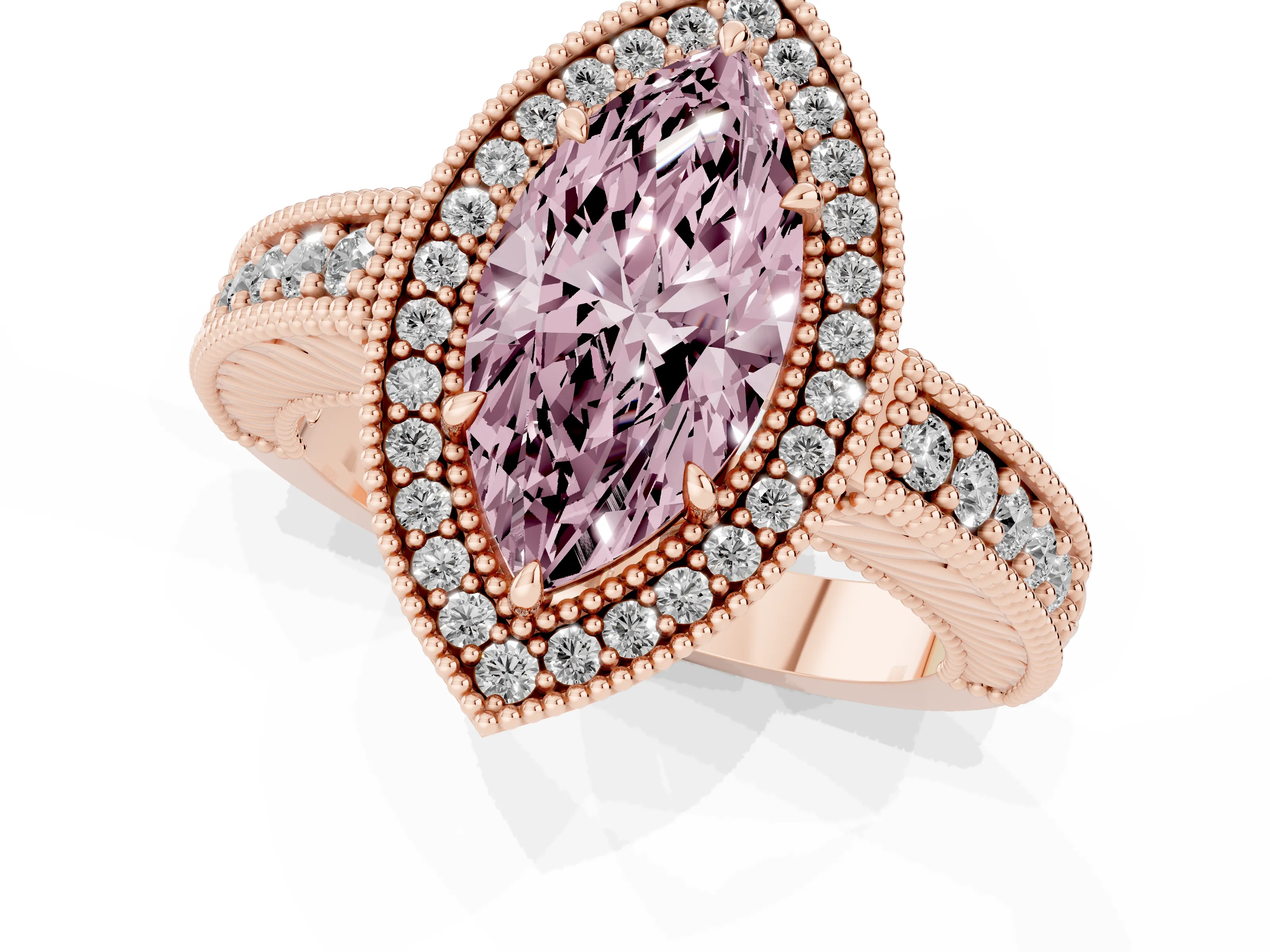 Fancy Pink Marquise Cut Diamond Halo Ring Set in Rose gold with Round Accent Halo, Pavé Band and Prong Setting