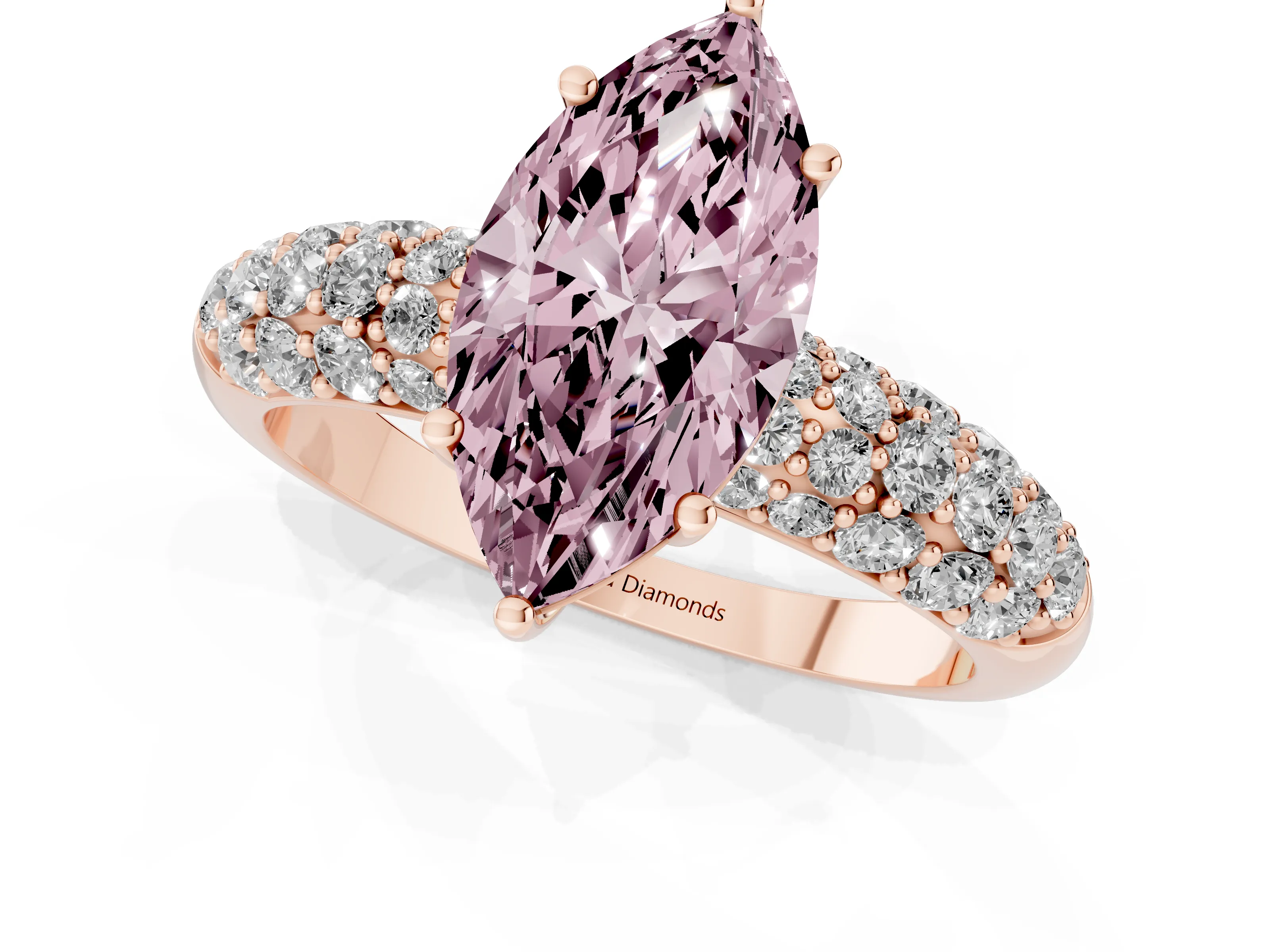 Fancy Pink Marquise Cut Diamond Pavé Band Solitaire Ring Set in Rose gold with Close-Set Accent Stones and Prong Setting
