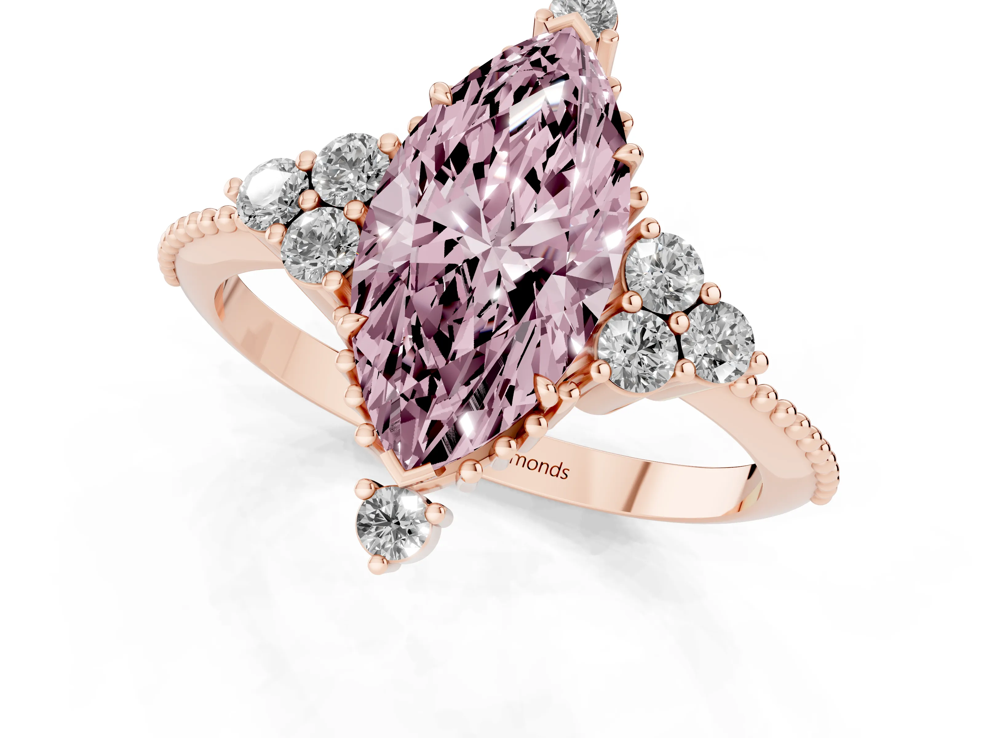 Fancy Pink Marquise Cut Diamond Cluster Ring Set in Rose gold with Beaded Band