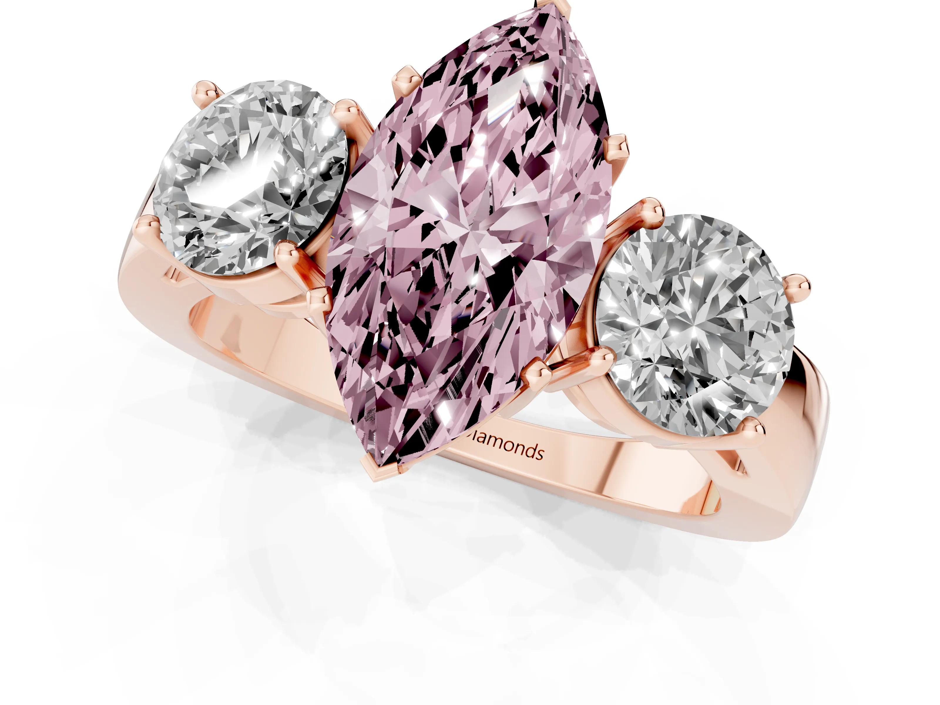 Fancy Pink Marquise Cut Diamond Three-Stone Ring Set in Rose gold with Round Side Stones and Classic Band