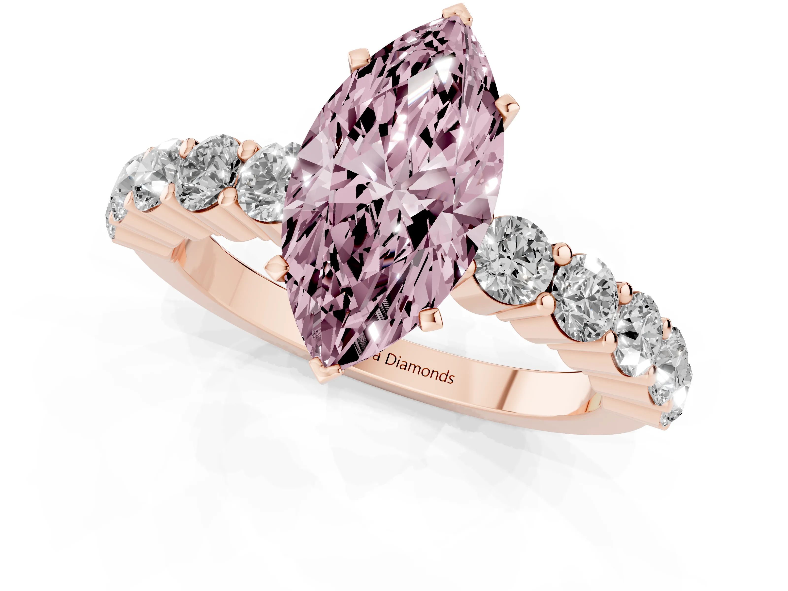 Fancy Pink Marquise Cut Diamond Solitaire Ring Set in Rose gold with Shared Prong Round Side Stones