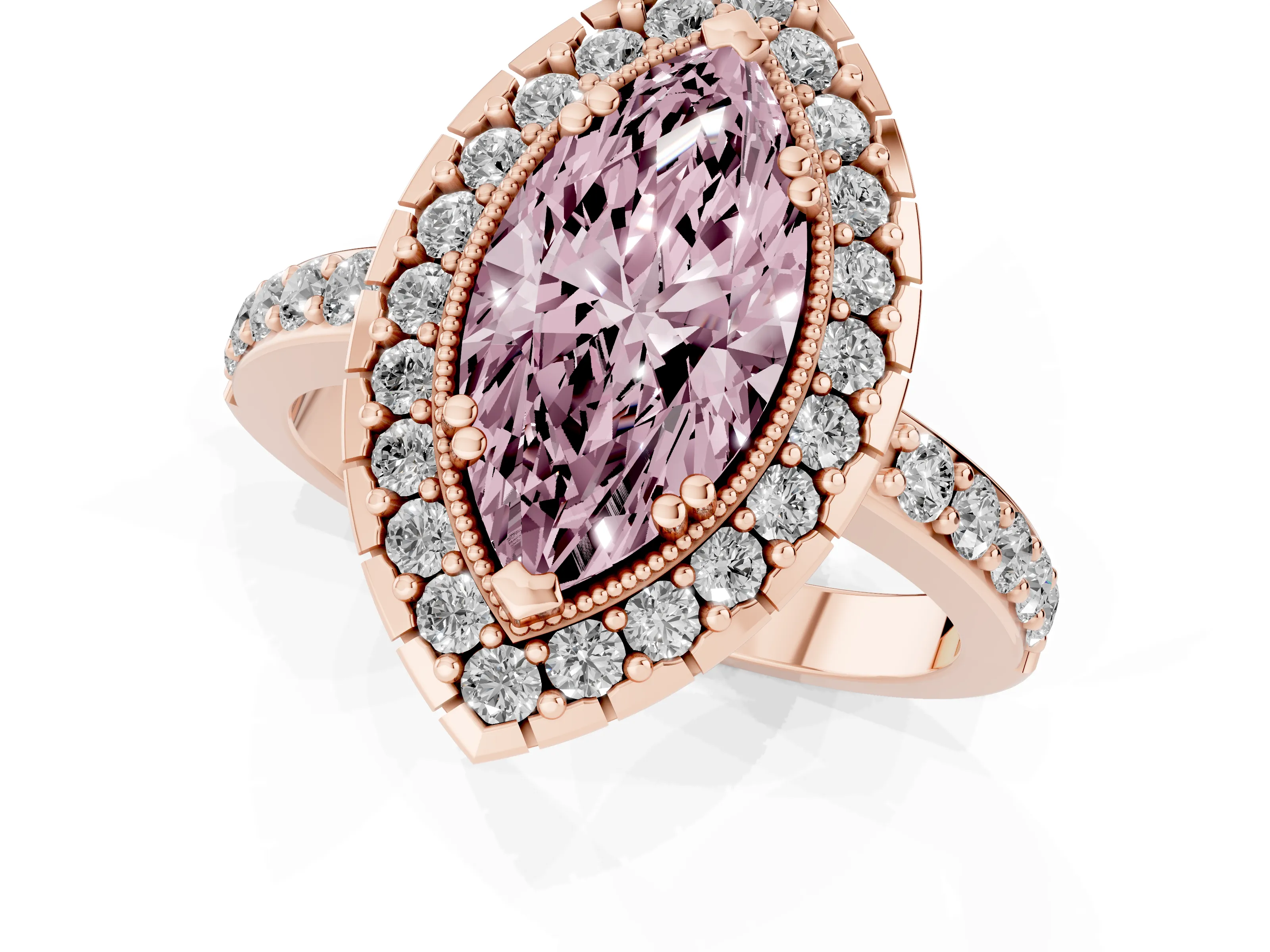 Fancy Pink Marquise Cut Diamond Halo Ring Set in Rose gold with Pavé Shank and Prong Setting