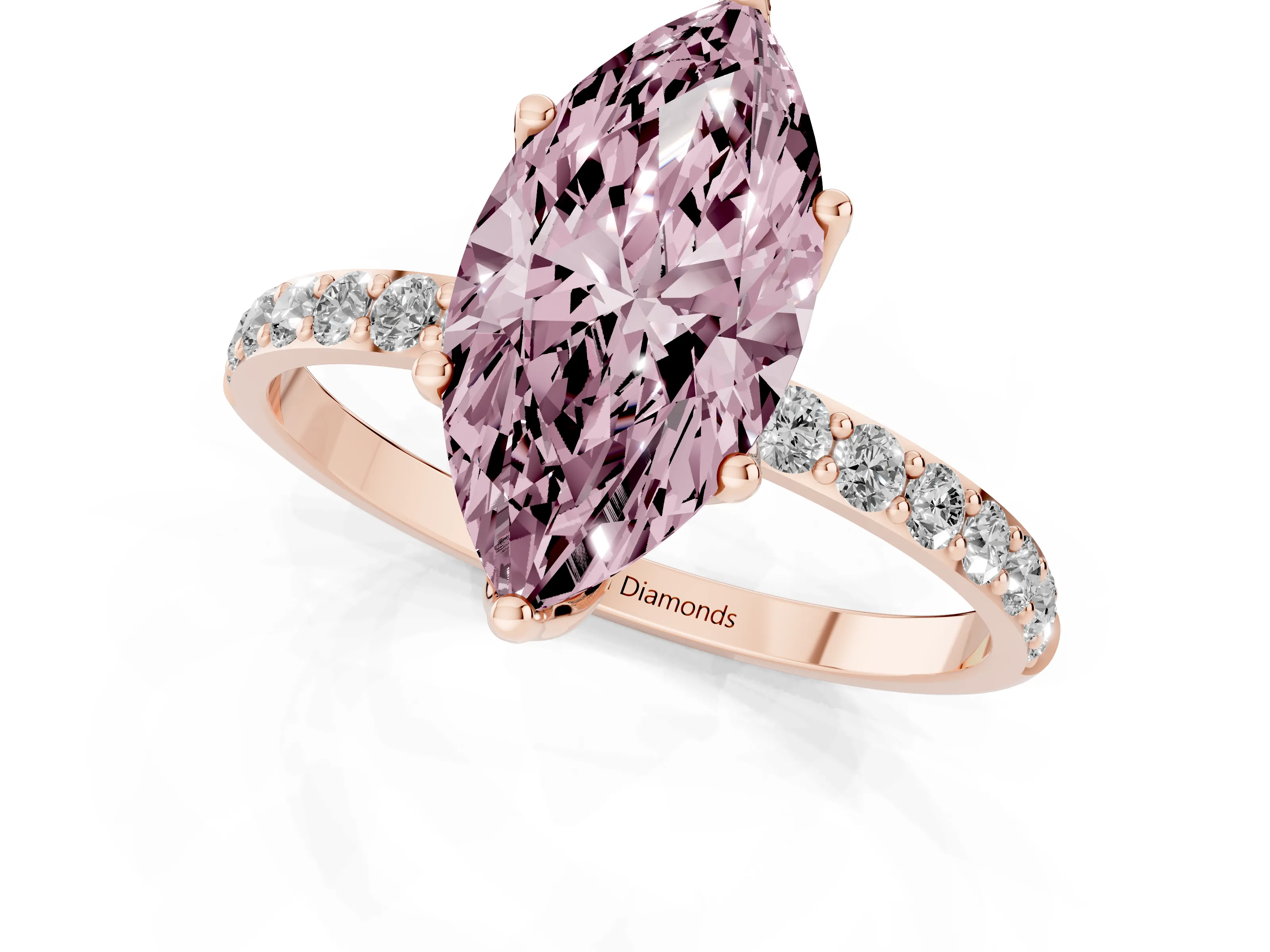 Fancy Pink Marquise Cut Diamond Solitaire Engagement Ring Set in Rose gold with Round Pavé Band and Prong Setting
