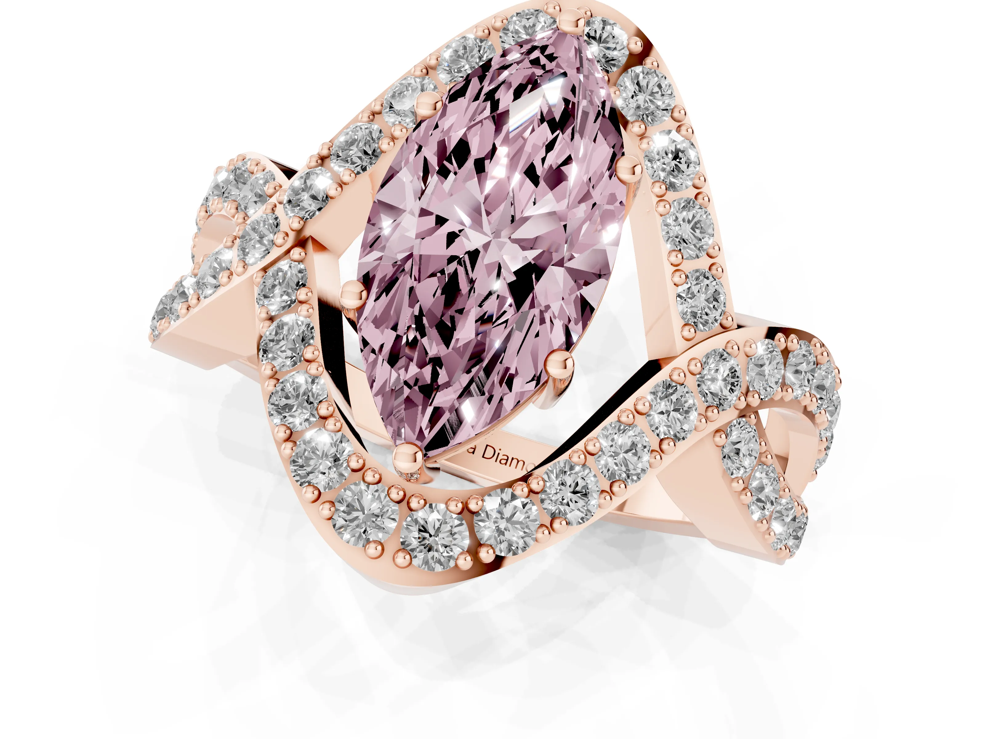 Fancy Pink Marquise Cut Diamond Solitaire Twist Band Pavé Engagement Ring Set in Rose gold