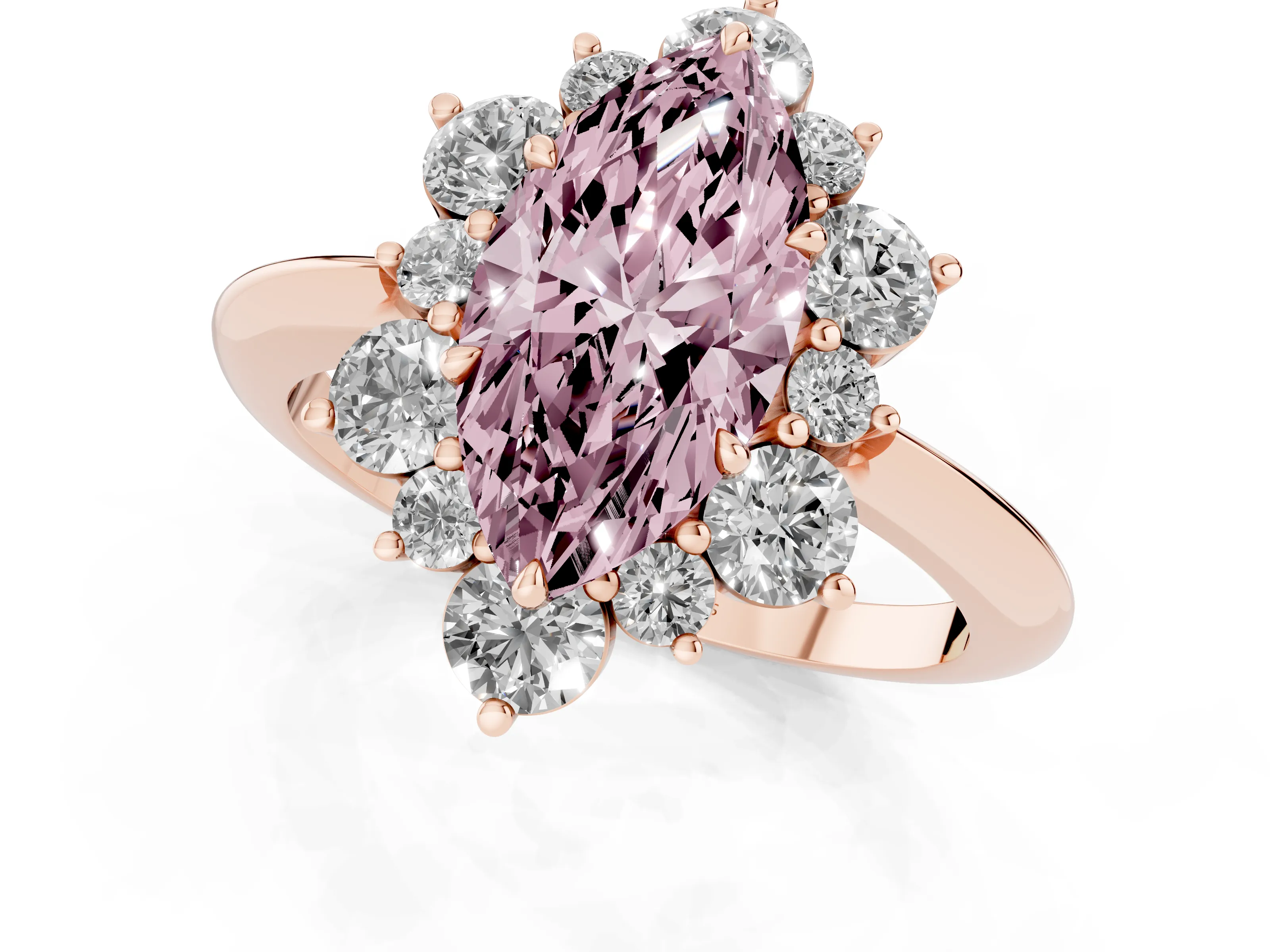 Fancy Pink Marquise Cut Diamond Cluster Halo Ring Set in Rose gold with Solitaire Band and Prong Setting