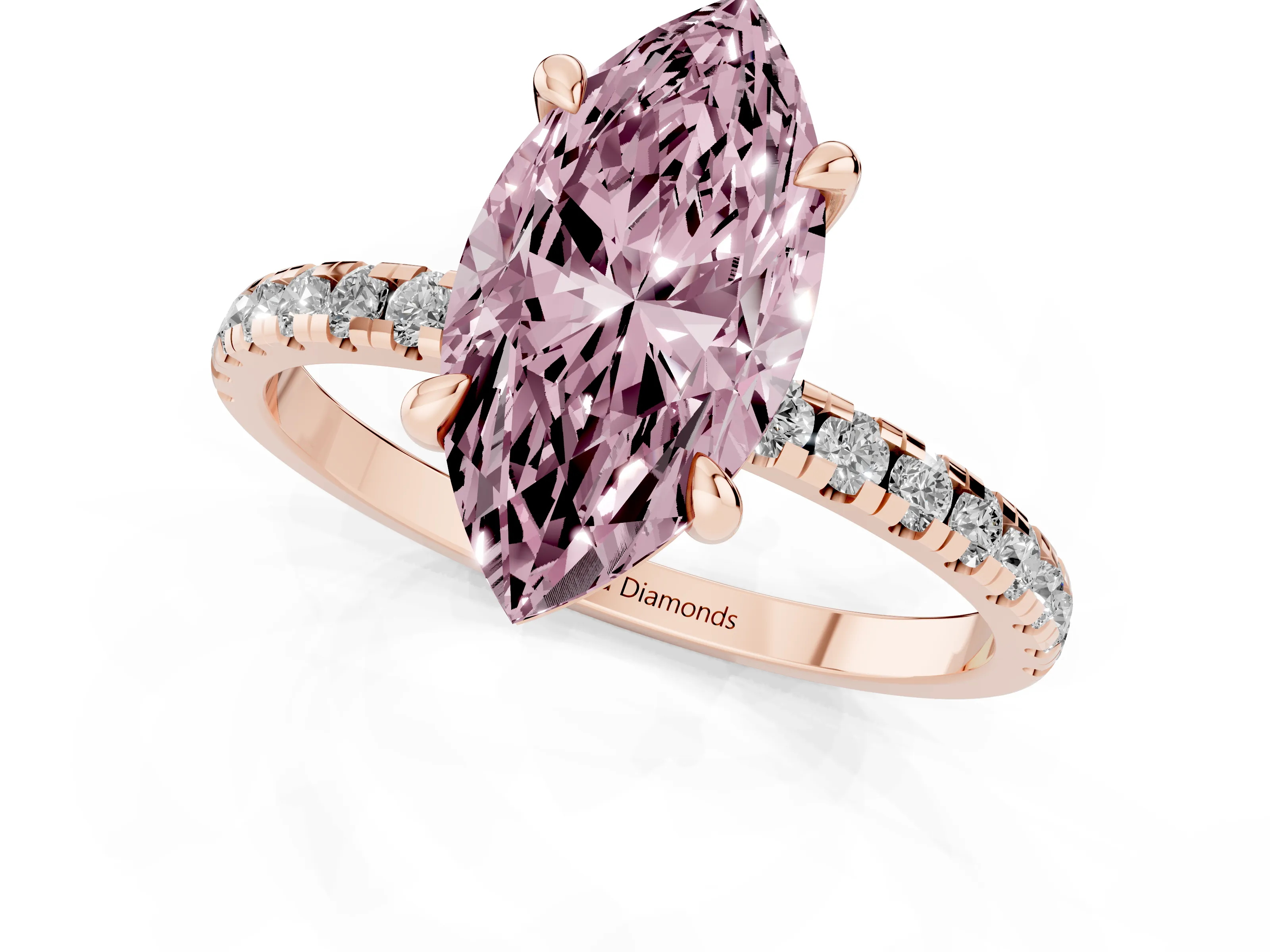 Fancy Pink Marquise Cut Diamond Brilliant Solitaire Ring Set in Rose gold with Pavé Band and Prong Setting
