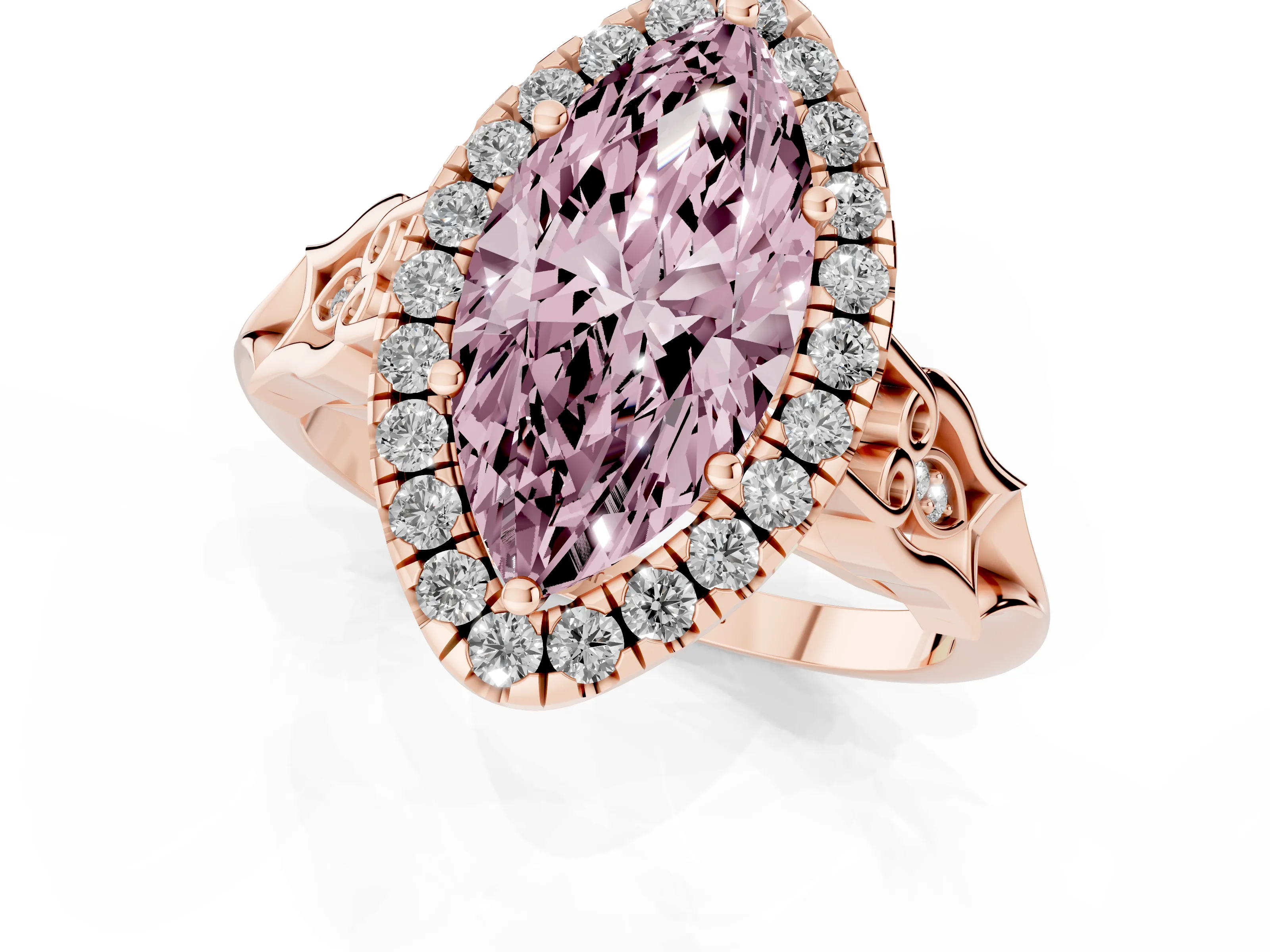 Fancy Pink Marquise Cut Diamond Halo Engagement Ring Set in Rose gold with Filigree Band and Prong-Set Center