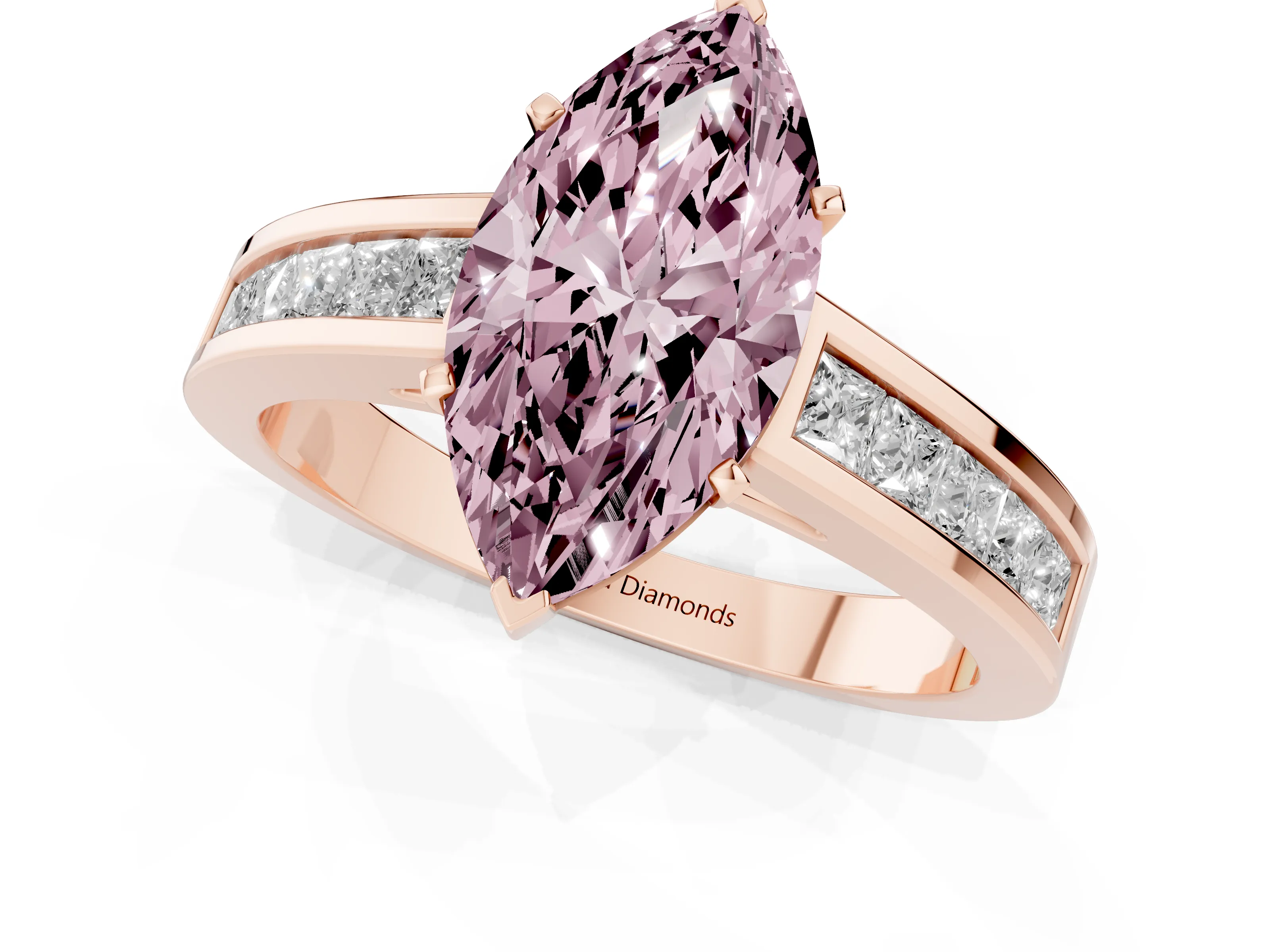 Fancy Pink Marquise Cut Diamond Solitaire Ring Set in Rose gold with Channel-Set Band and Prong Setting
