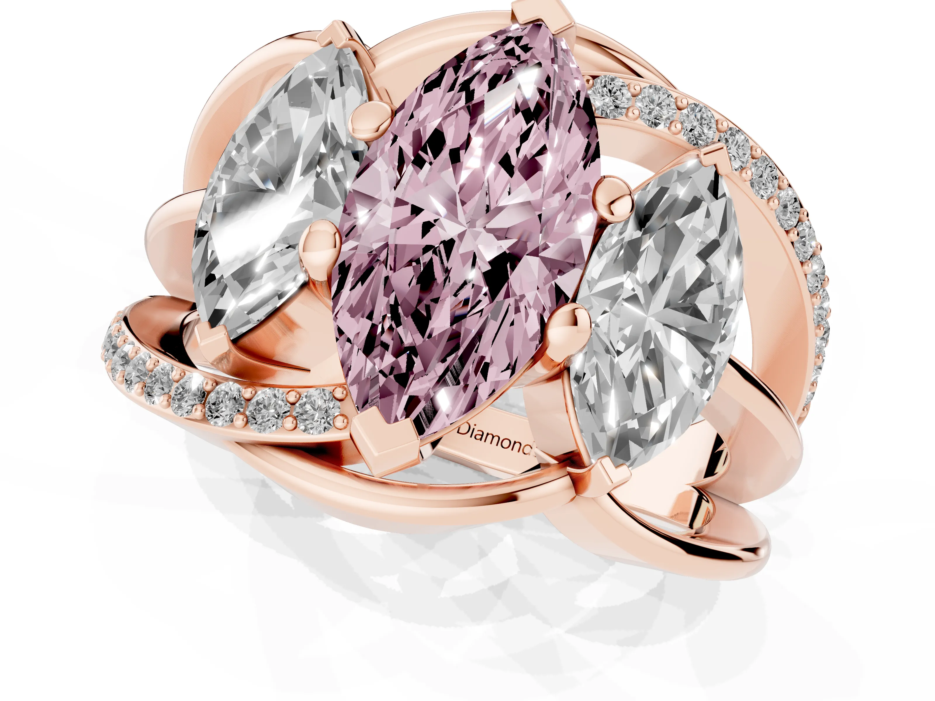 Fancy Pink Marquise Cut Diamond Three-Stone Ring Set in Rose gold with Split Shank and Prong Setting