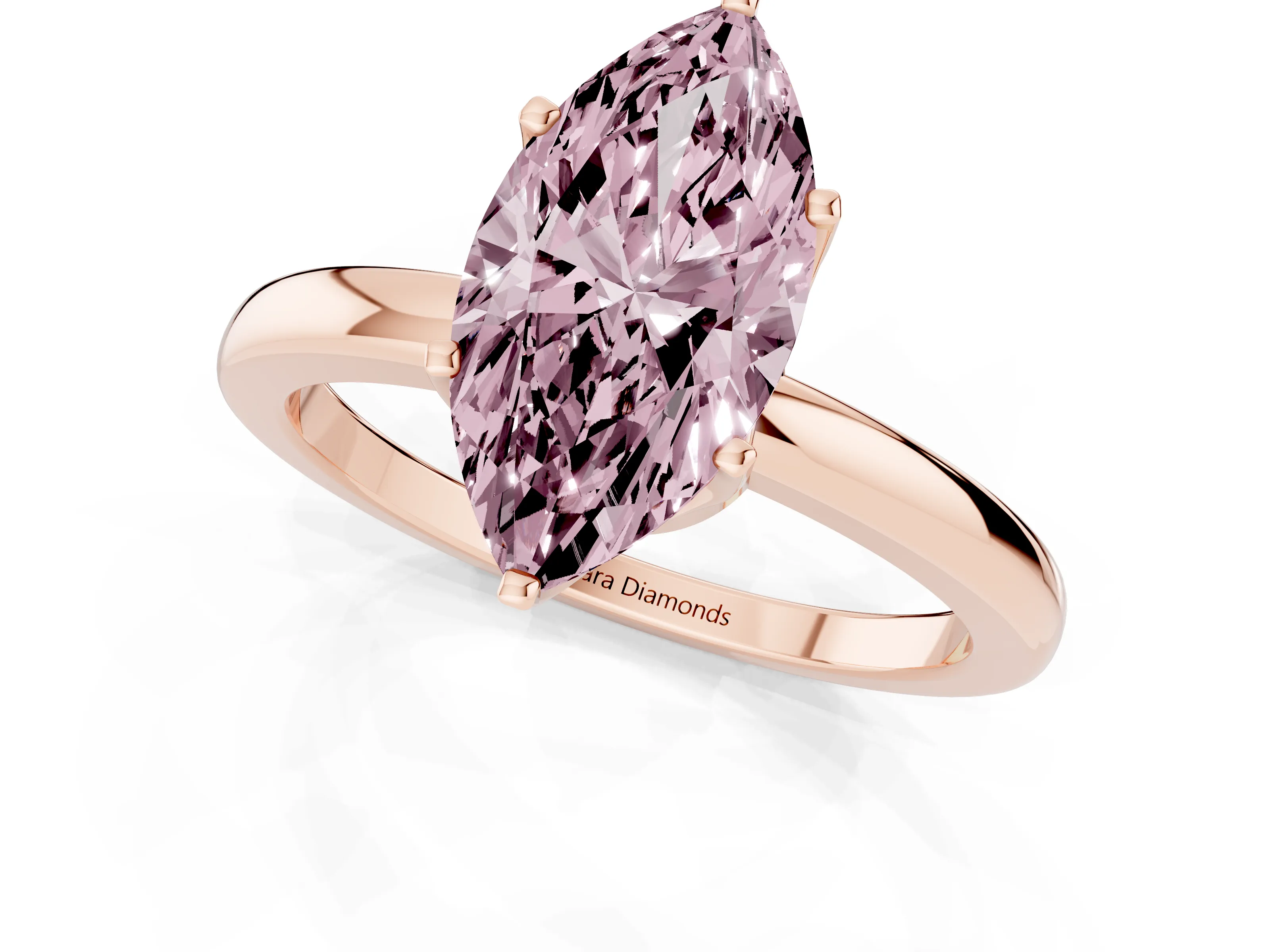 Fancy Pink Marquise Cut Diamond Solitaire Ring Set in Rose gold with Raised Prong Setting on a Classic Band