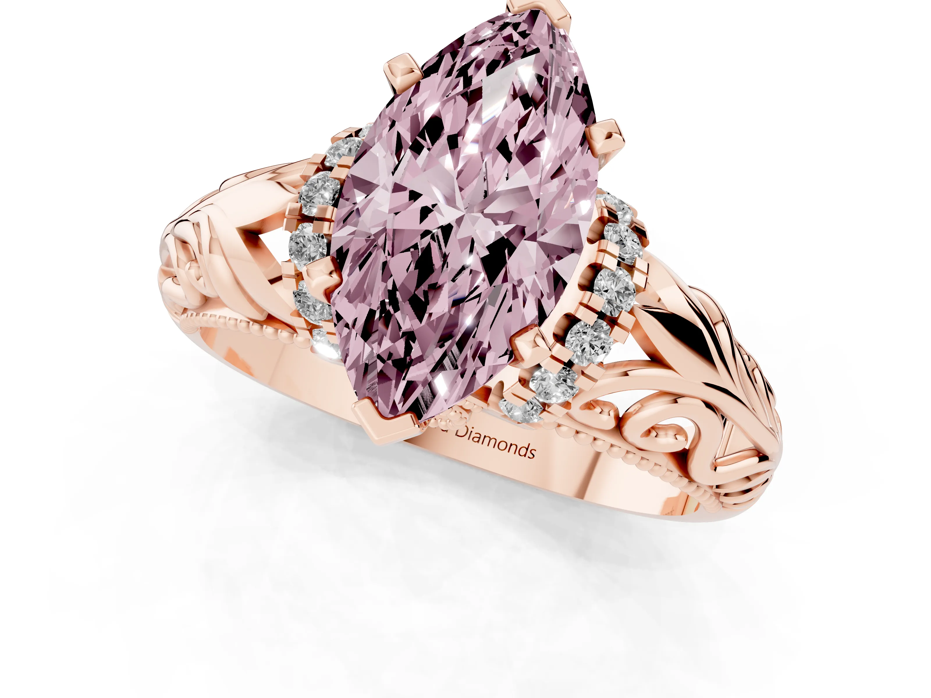 Fancy Pink Marquise Cut Diamond Filigree Halo Engagement Ring Set in Rose gold with Prong Setting