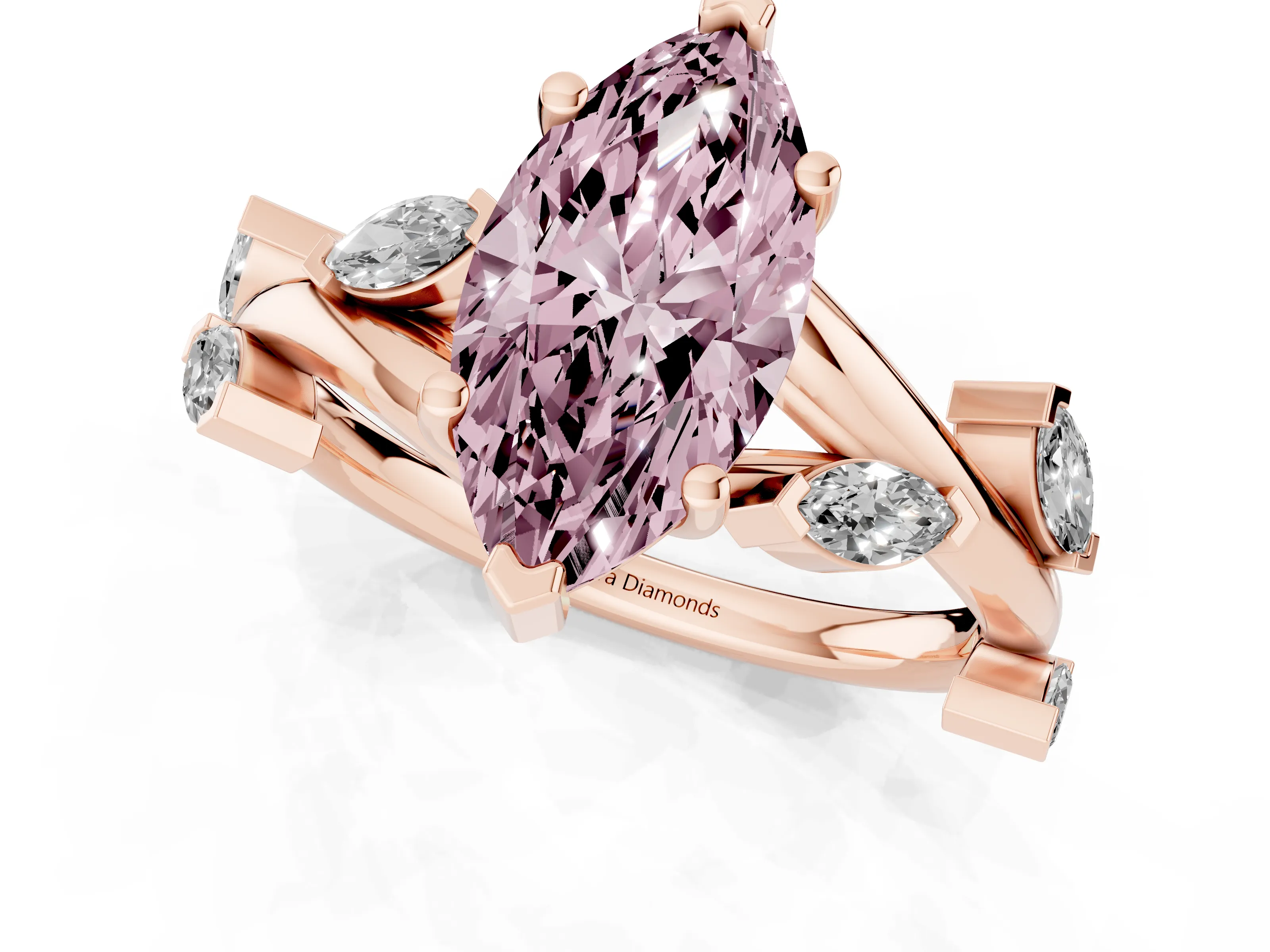Fancy Pink Marquise Cut Diamond Solitaire Ring Set in Rose gold with Twisted Marquise Accent Band
