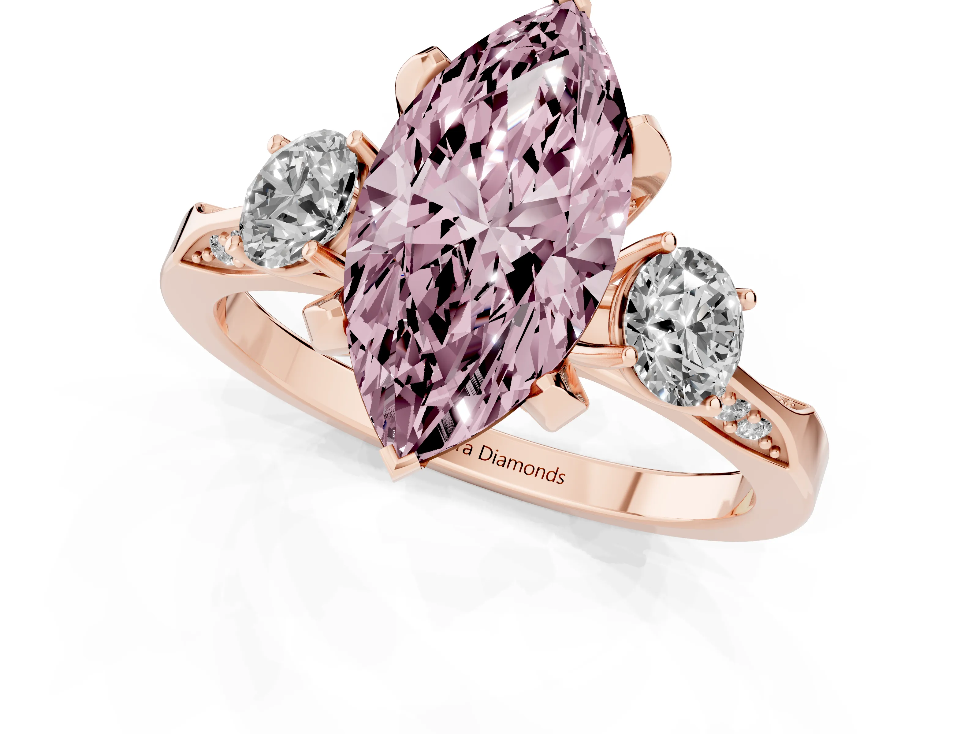 Fancy Pink Marquise Cut Diamond Three-Stone Ring Set in Rose gold with Pavé Band and Smaller Side Stones