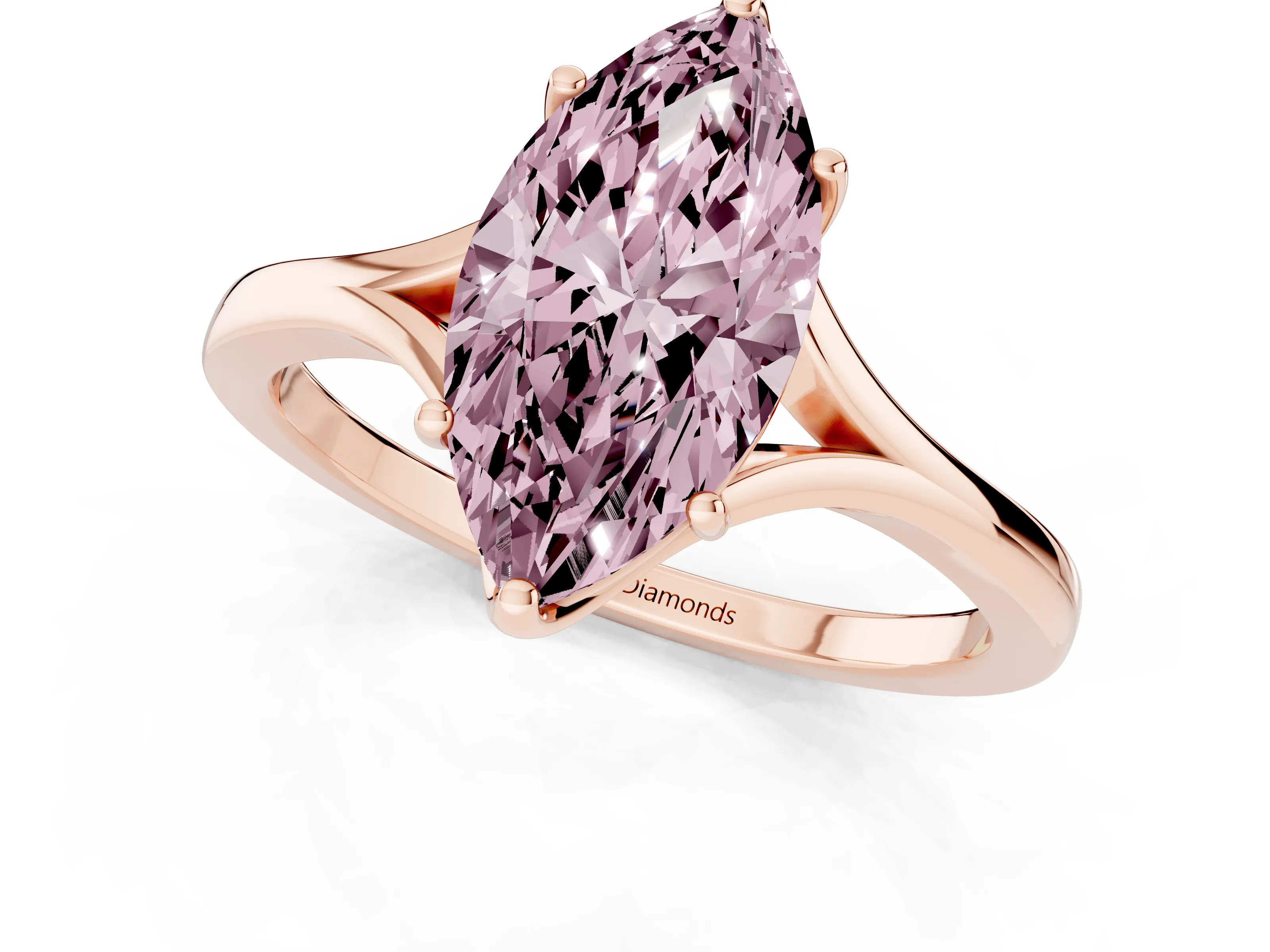 Fancy Pink Marquise Cut Diamond Solitaire Ring Set in Rose gold with Polished Tapered Band and Prong Setting