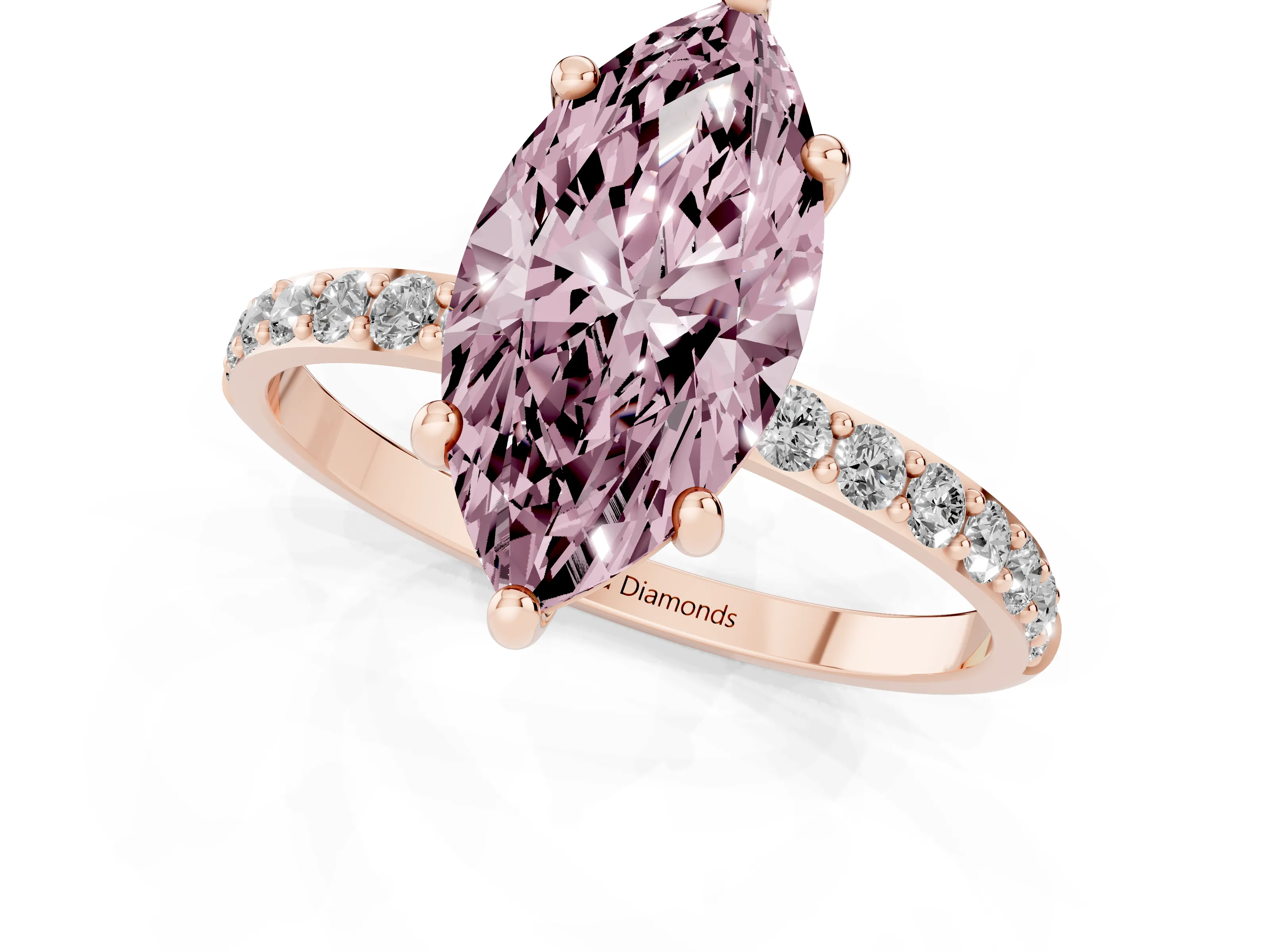 Fancy Pink Marquise Cut Diamond Solitaire Ring Set in Rose gold with Round Pavé Band and Prong Setting