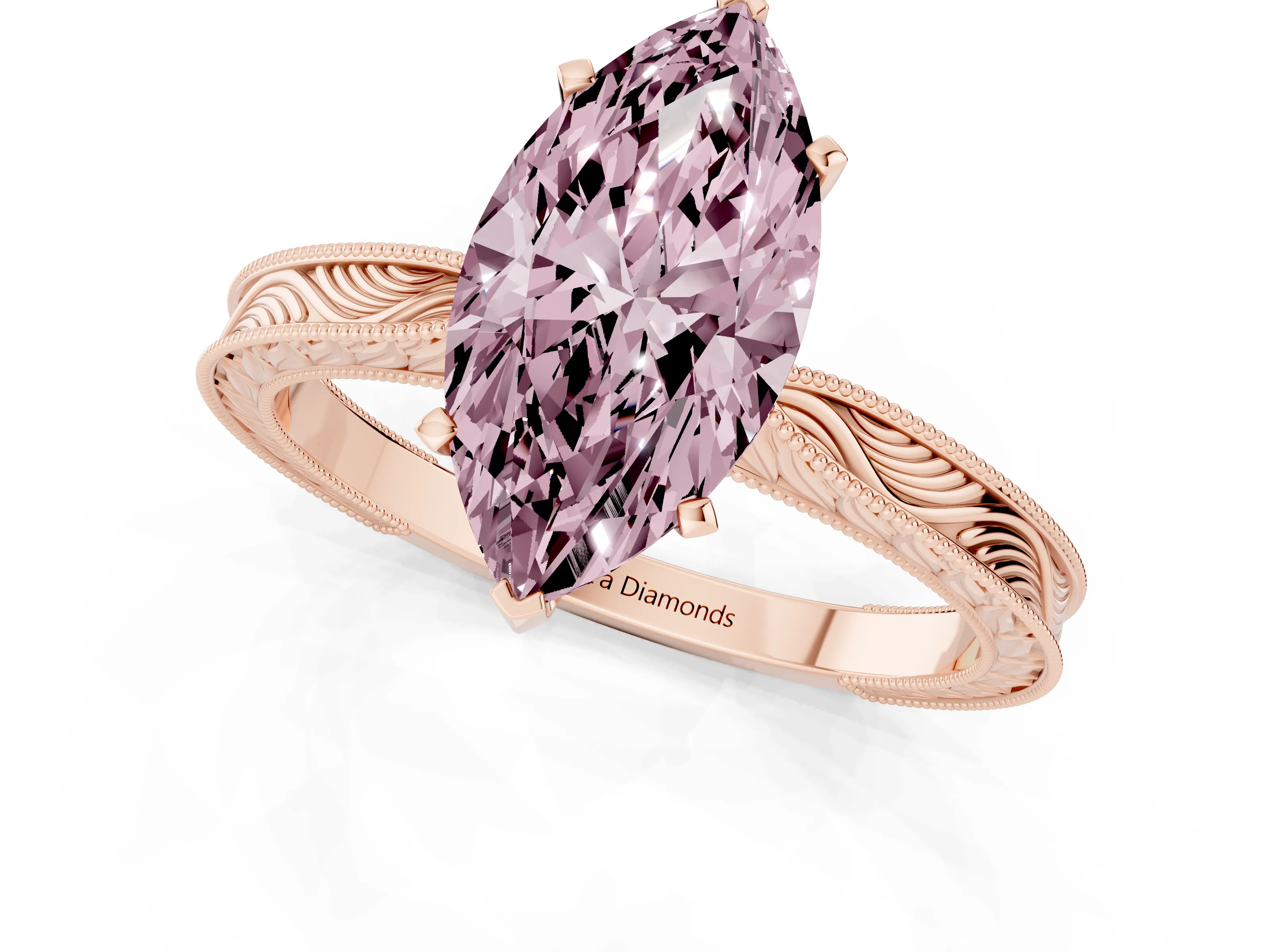 Fancy Pink Marquise Cut Diamond Solitaire Milgrain Engraved Band Set in Rose gold with Prong Setting