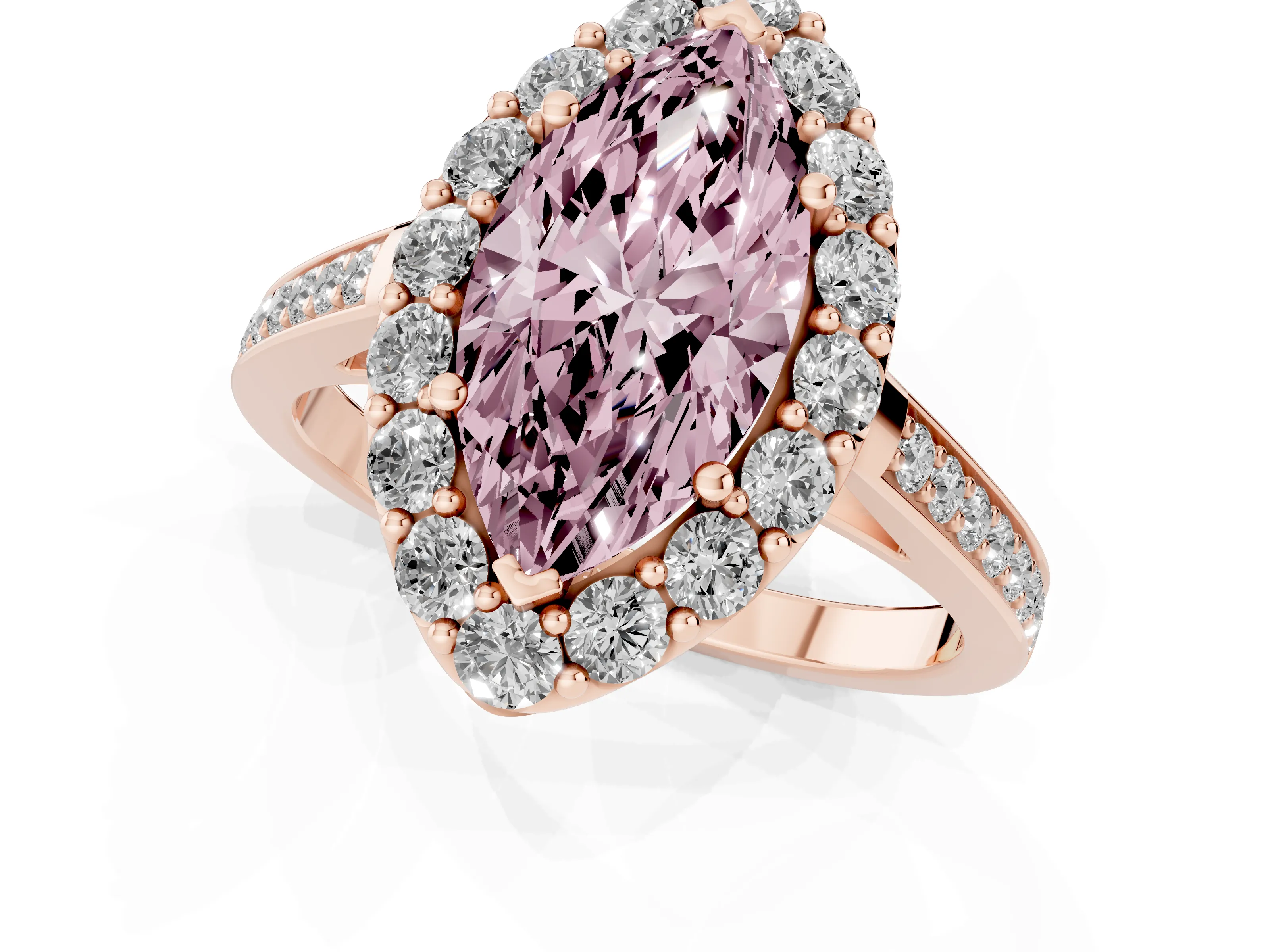 Fancy Pink Marquise Cut Diamond Floral Halo Ring Set in Rose gold with Pavé Band and Prong Setting