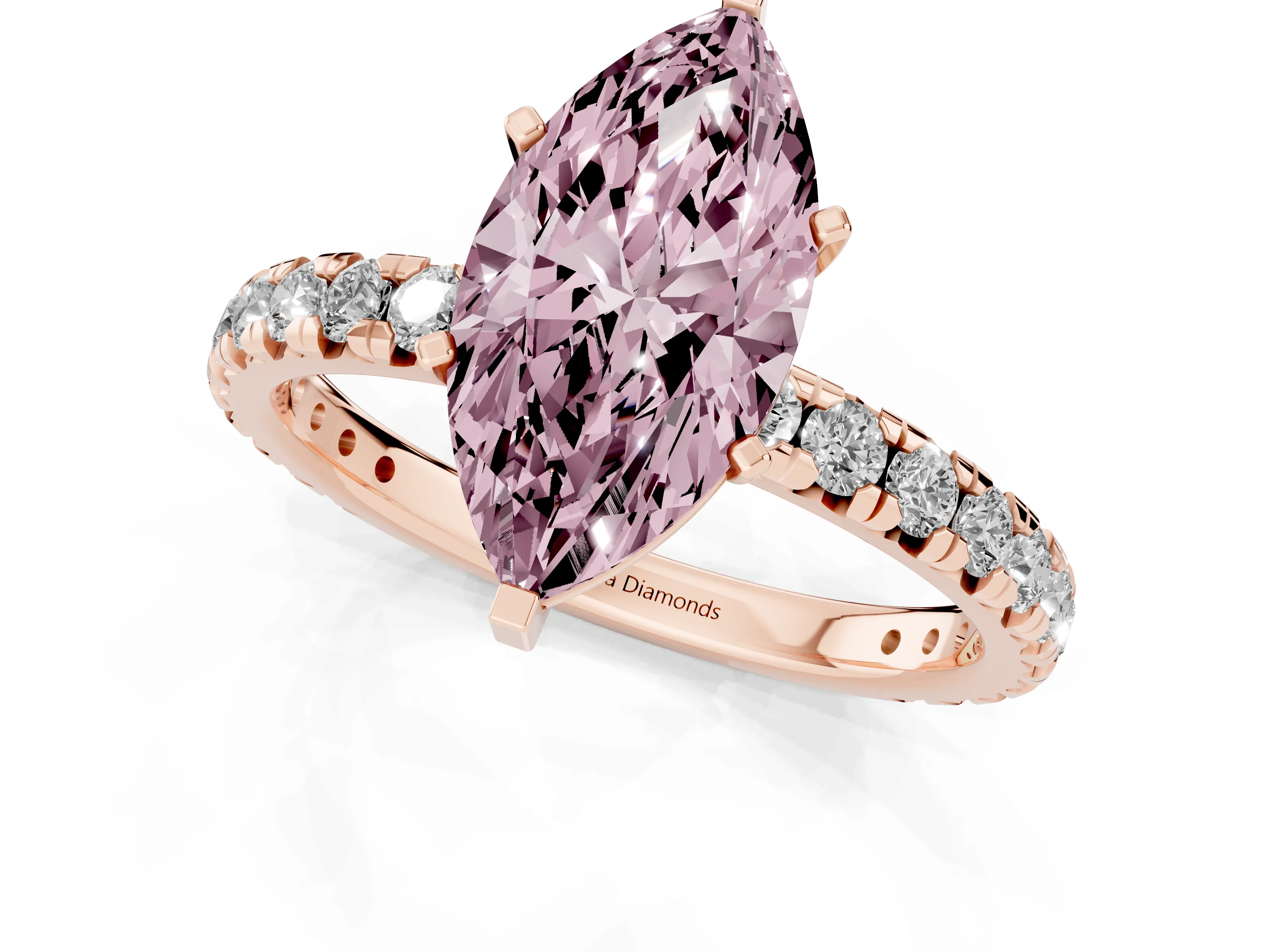 Fancy Pink Marquise Cut Diamond Pavé Solitaire Ring Set in Rose gold with Round Band and Prong Setting – second view