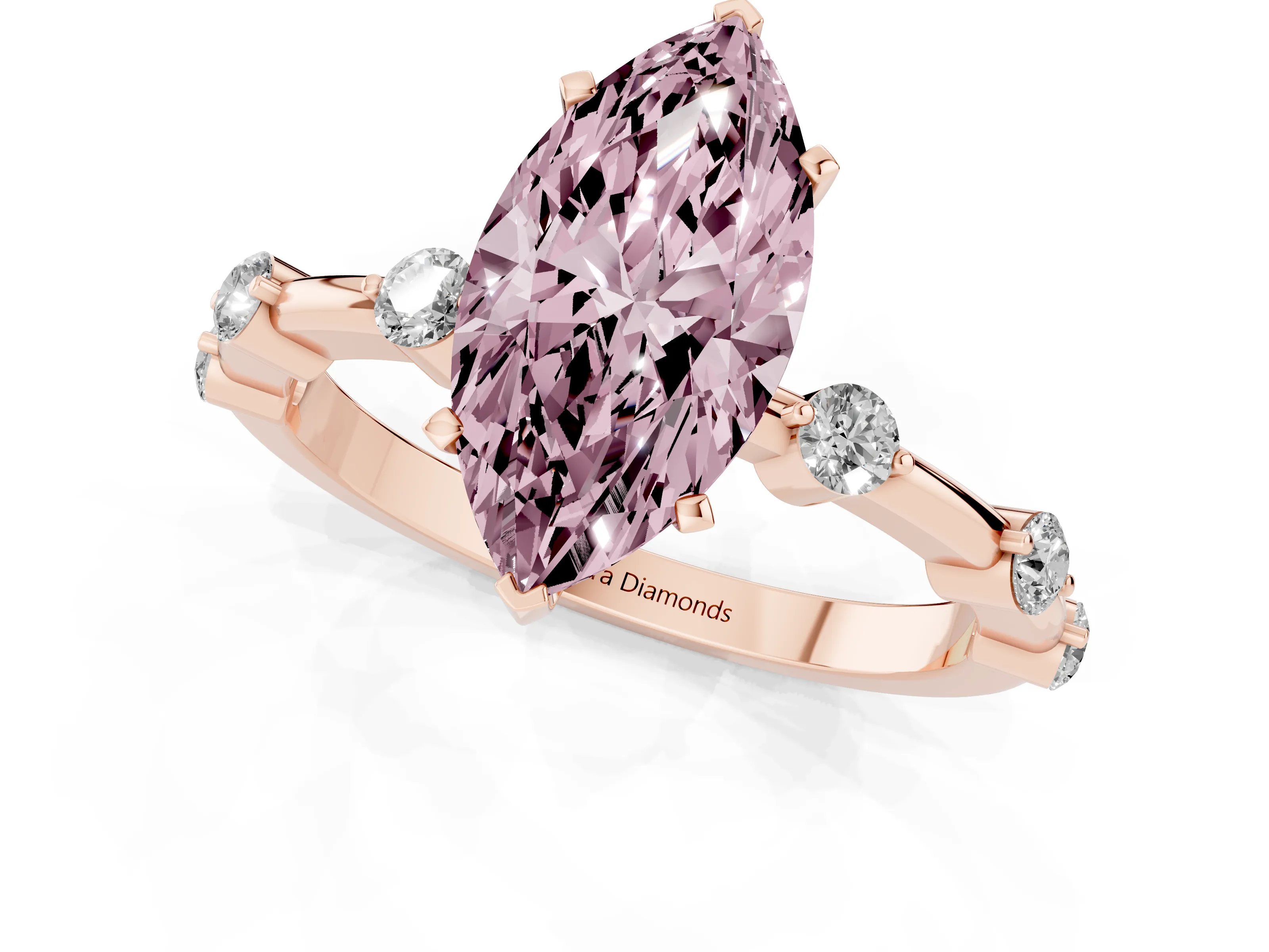 Fancy Pink Marquise Cut Diamond Solitaire Ring Set in Rose gold with Bezel Set Side Stones and Prong Setting