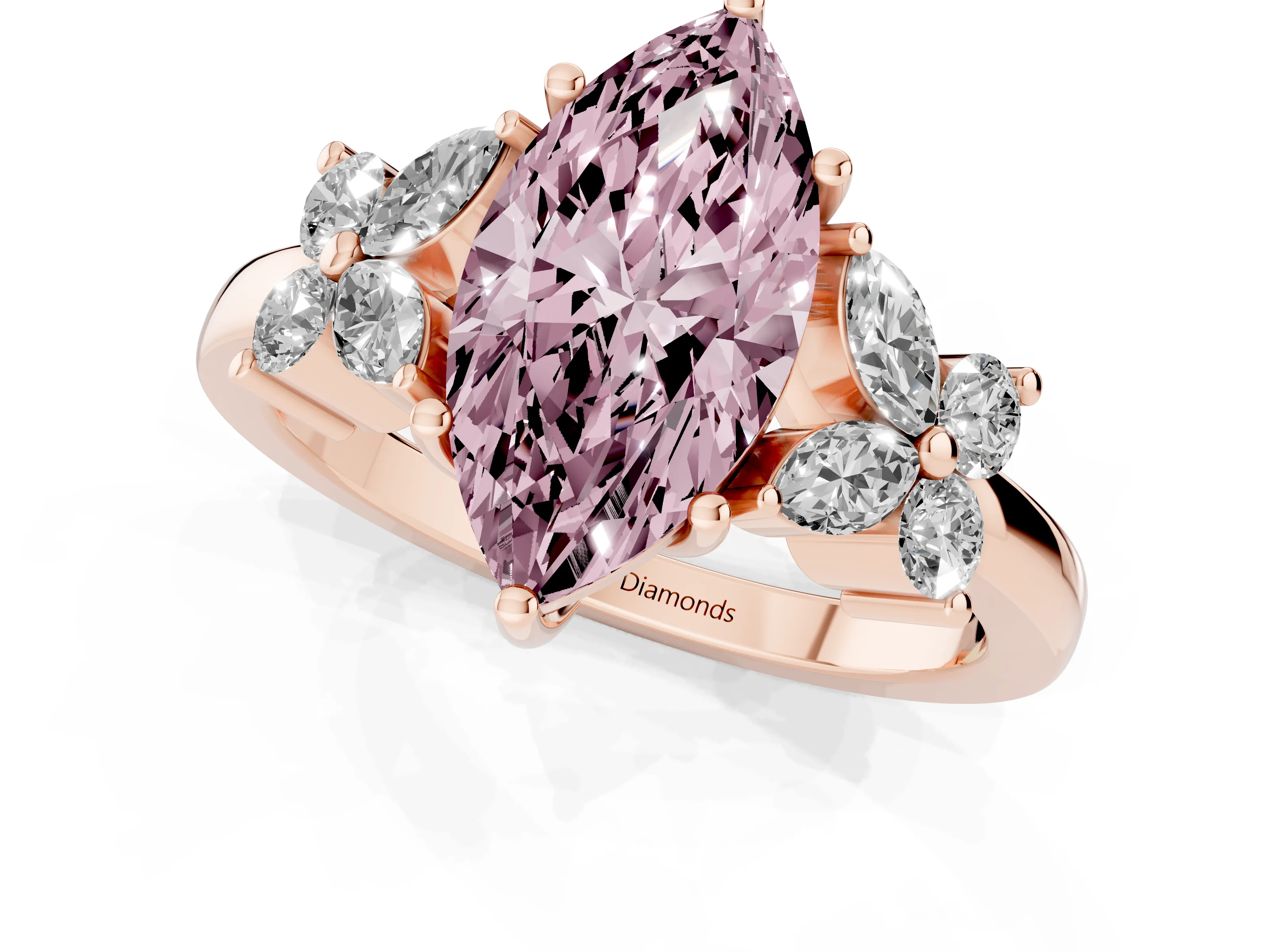 Fancy Pink Marquise Cut Diamond Floral Cluster Ring Set in Rose gold with Marquise Petals and Prong Setting