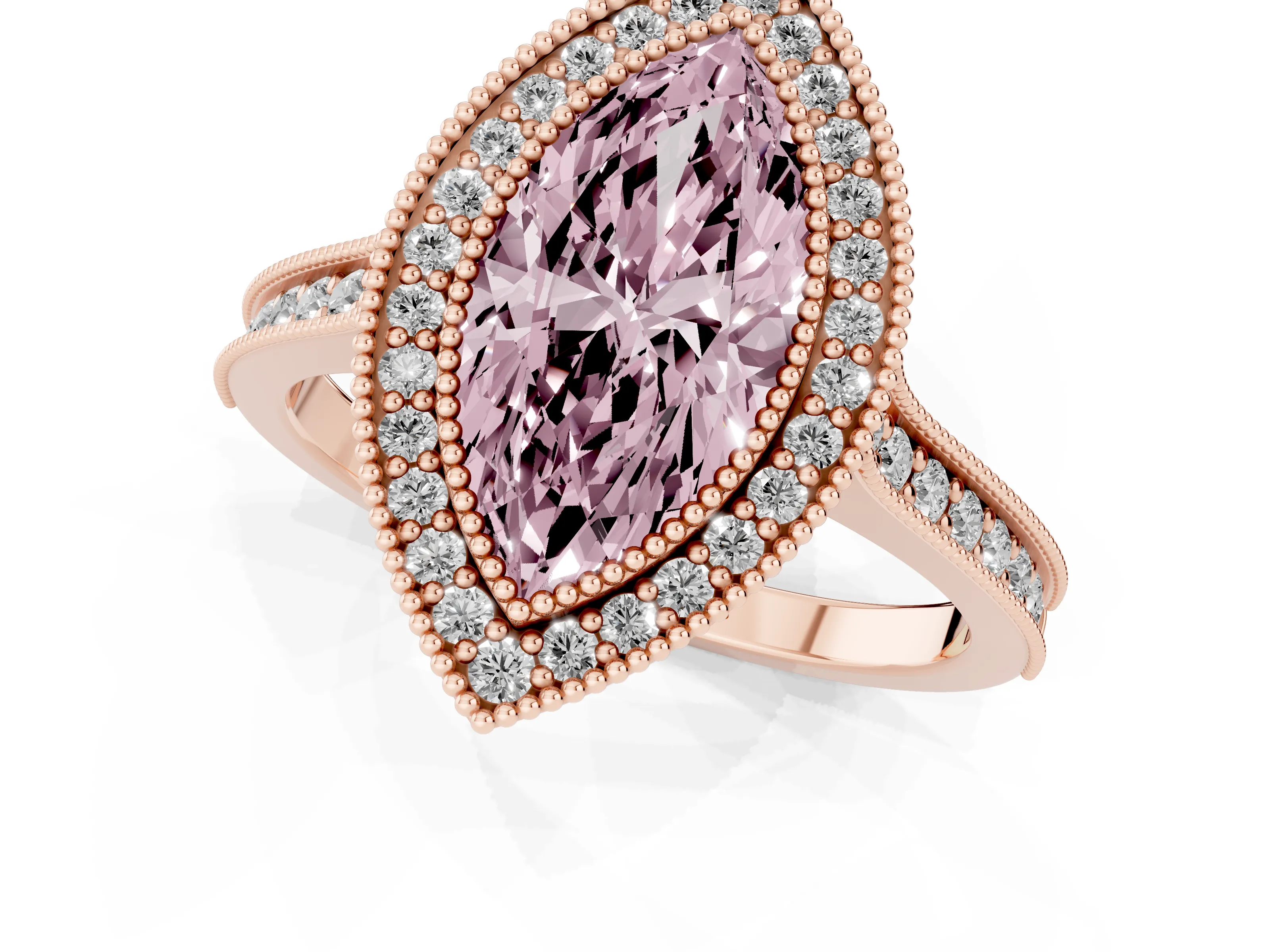 Fancy Pink Marquise Cut Diamond Halo Milgrain Pavé Band Ring Set in Rose gold with Prong Setting