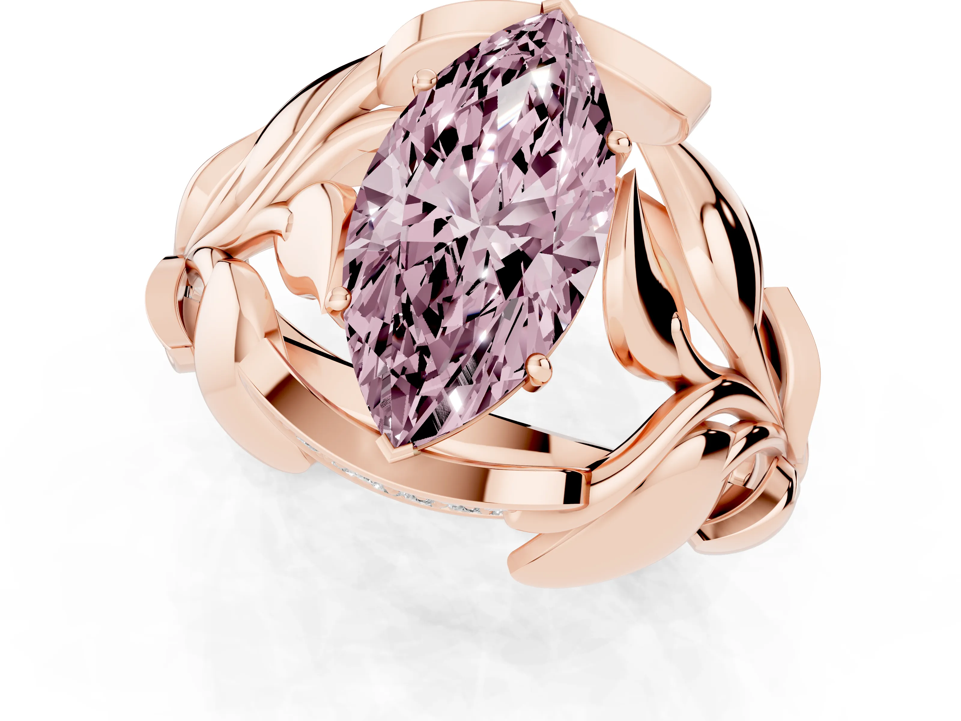 Fancy Pink Marquise Cut Diamond Leaf-Inspired Engagement Ring Set in Rose gold with Round Accents