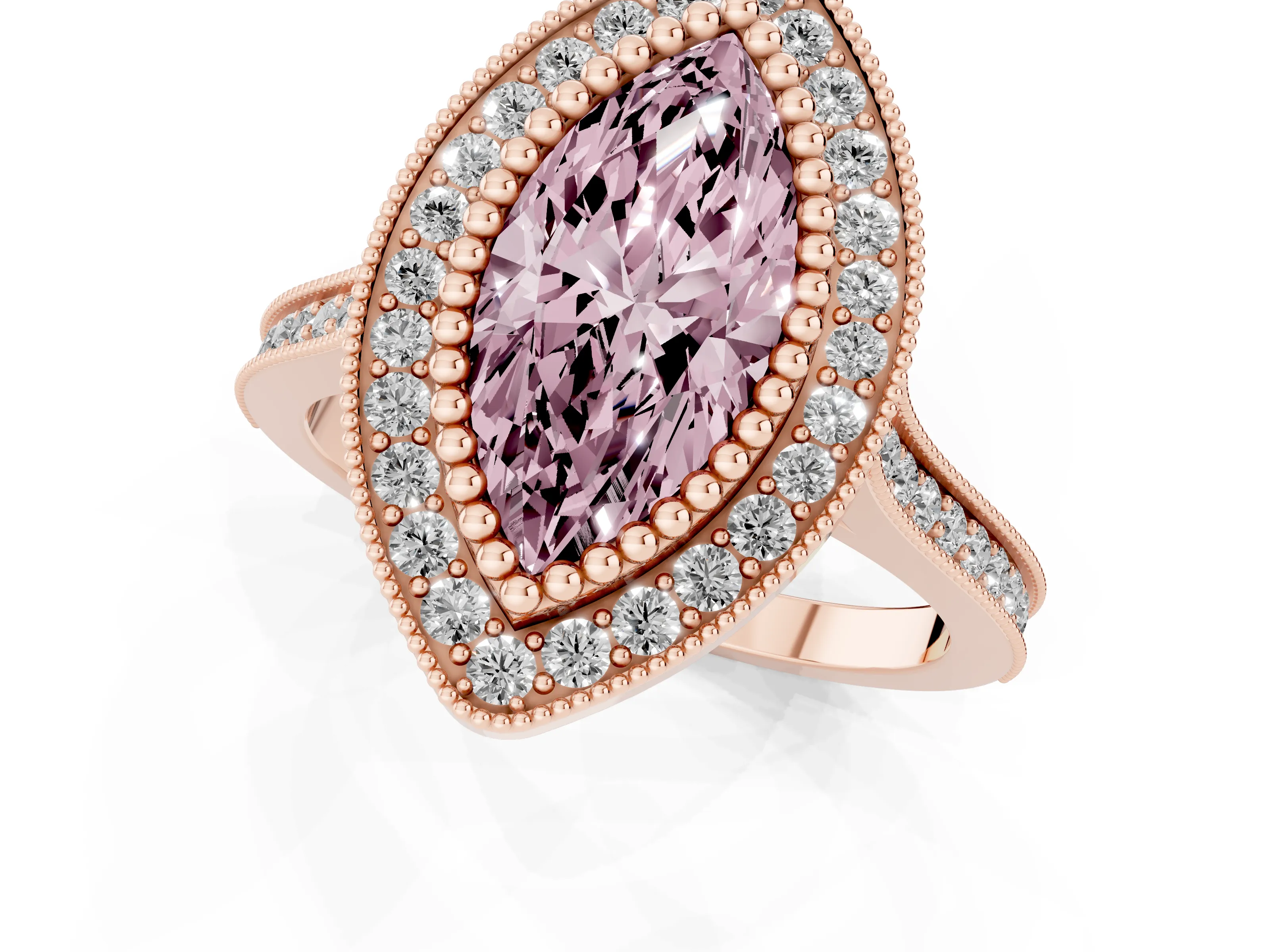 Fancy Pink Marquise Cut Diamond Halo Ring Set in Rose gold with Milgrain Frame and Pavé Band