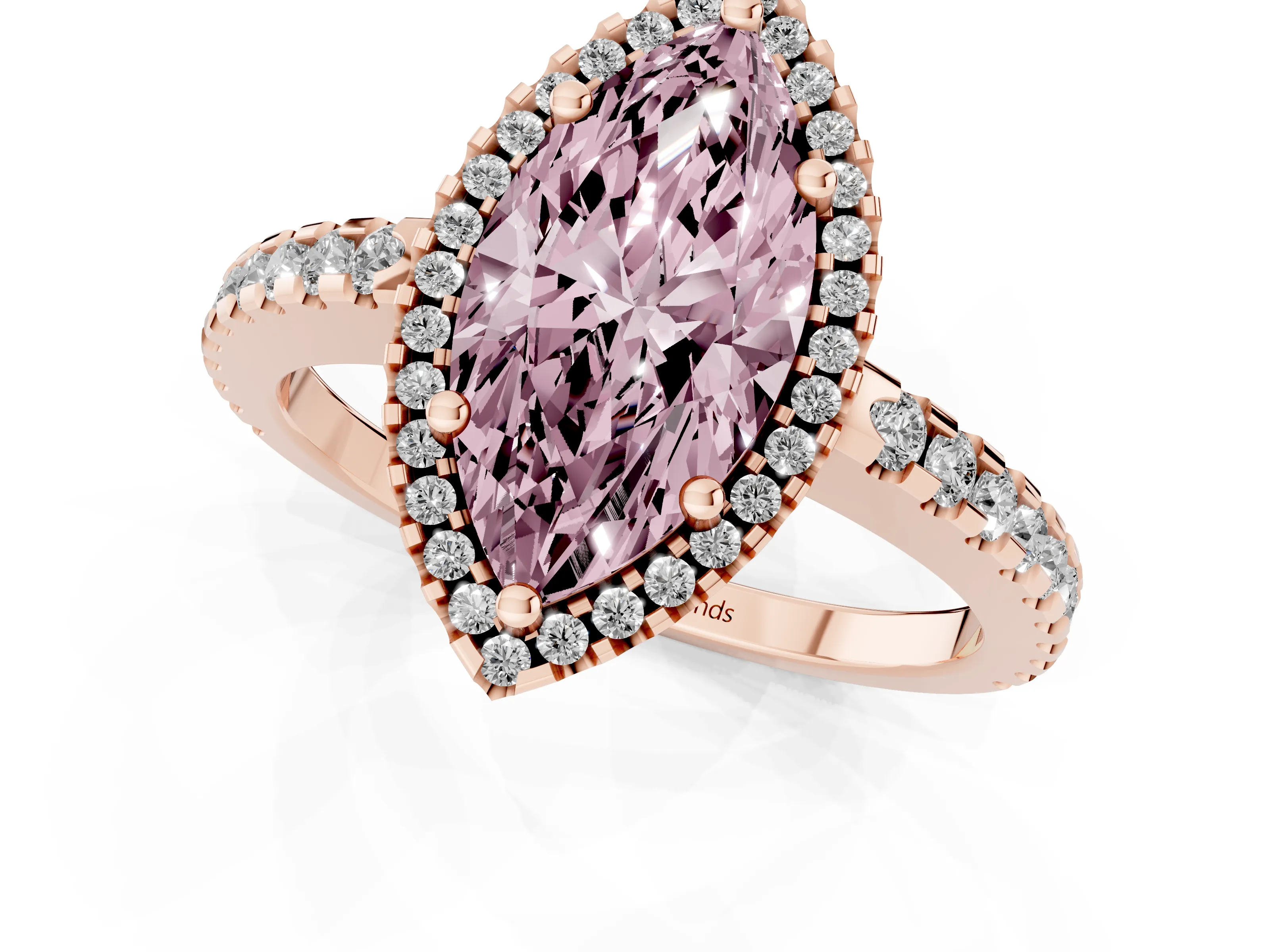 Fancy Pink Marquise Cut Diamond Halo Ring Set in Rose gold with Pavé Shoulders and Halo-Framed Center