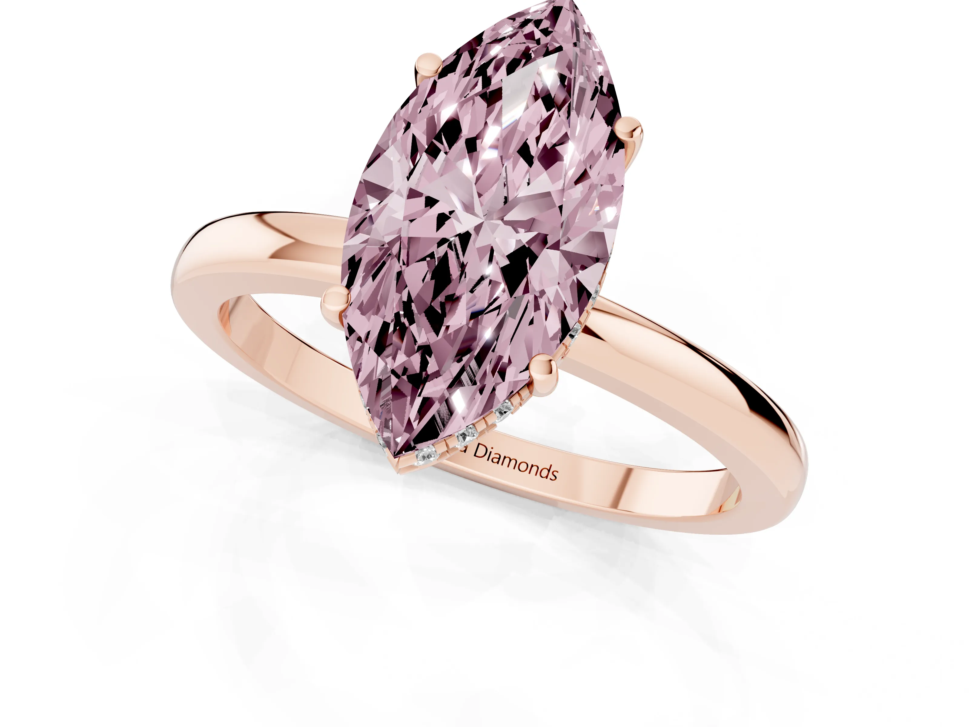 Fancy Pink Marquise Cut Diamond Solitaire Ring Set in Rose gold with Plain Band and Prong Setting