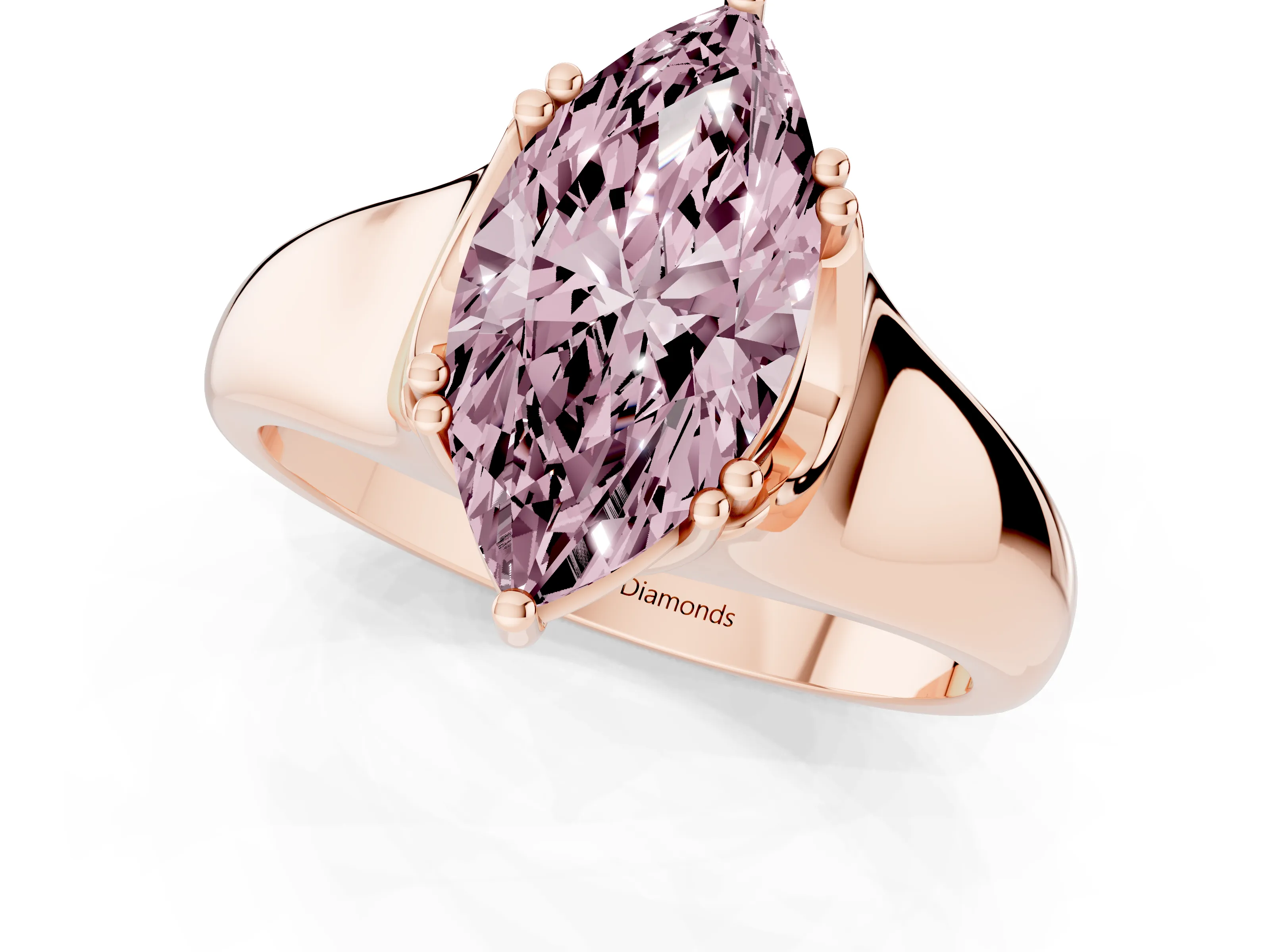 Fancy Pink Marquise Cut Diamond Solitaire Ring Set in Rose gold with Wide Band and Prong Setting