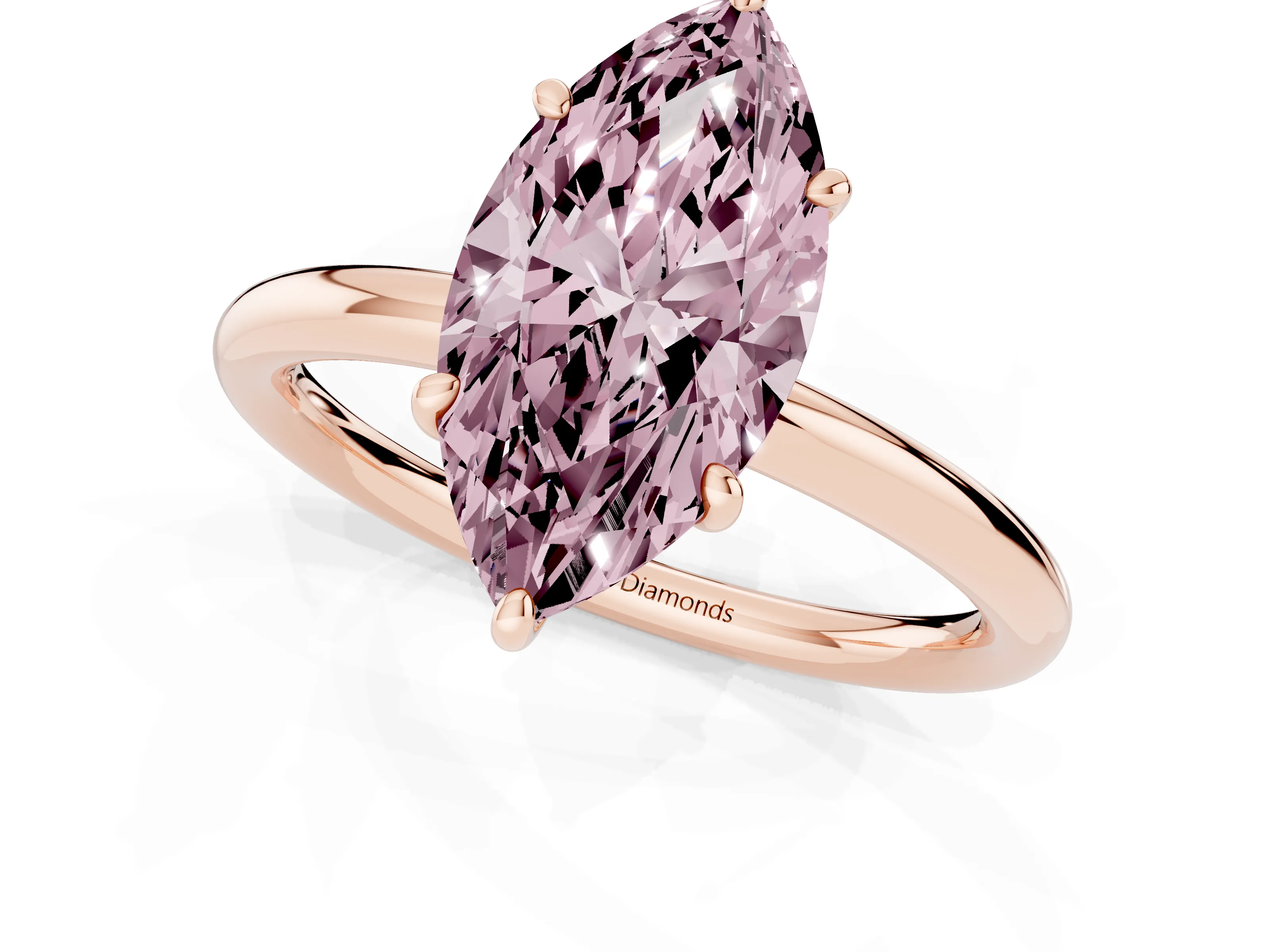 Fancy Pink Marquise Cut Diamond Solitaire Ring Set in Rose gold with Prong Setting on a Polished Plain Band