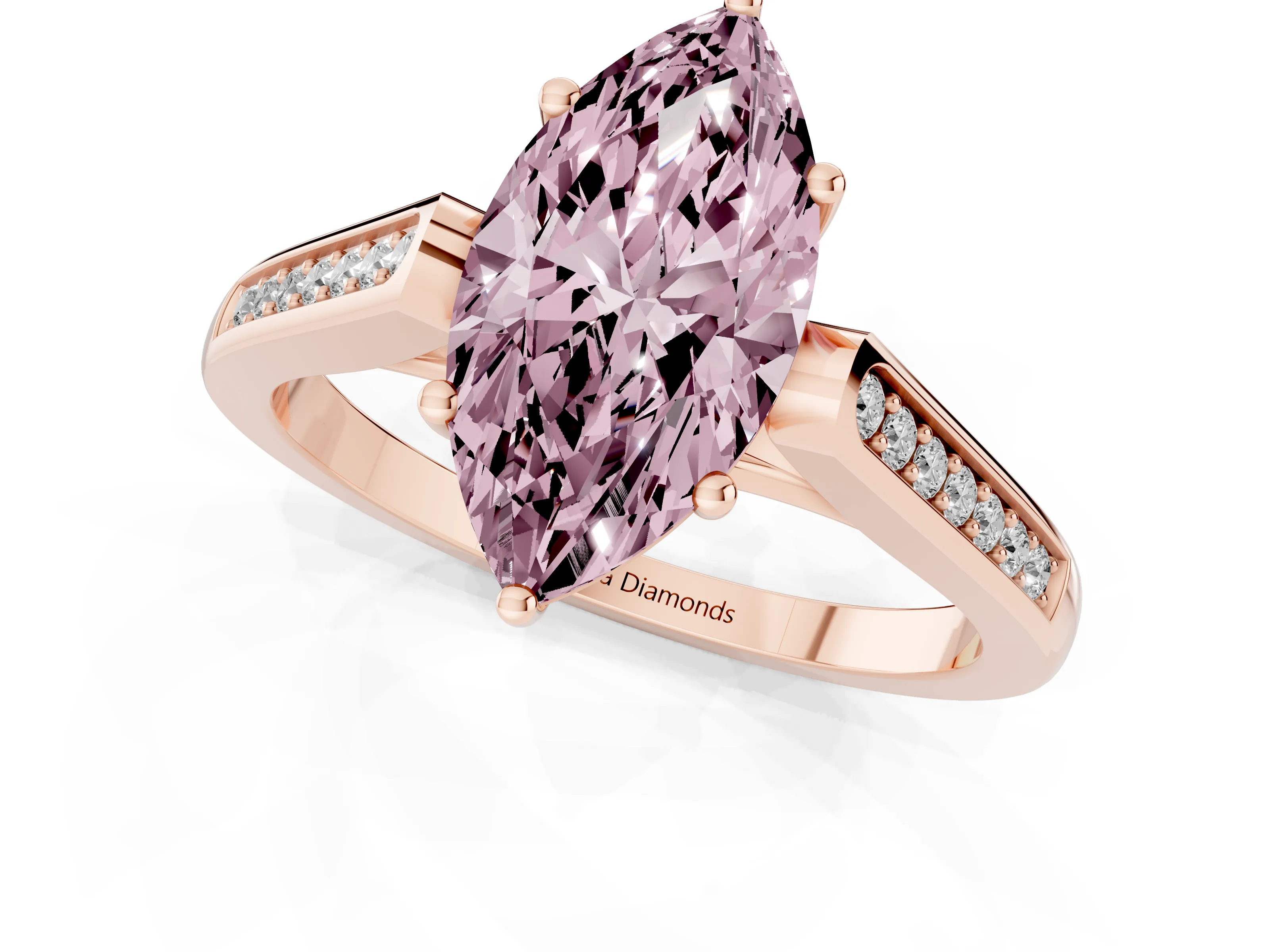 Fancy Pink Marquise Cut Diamond Solitaire Cathedral Engagement Ring Set in Rose gold with Channel-Set Band and Prong Setting