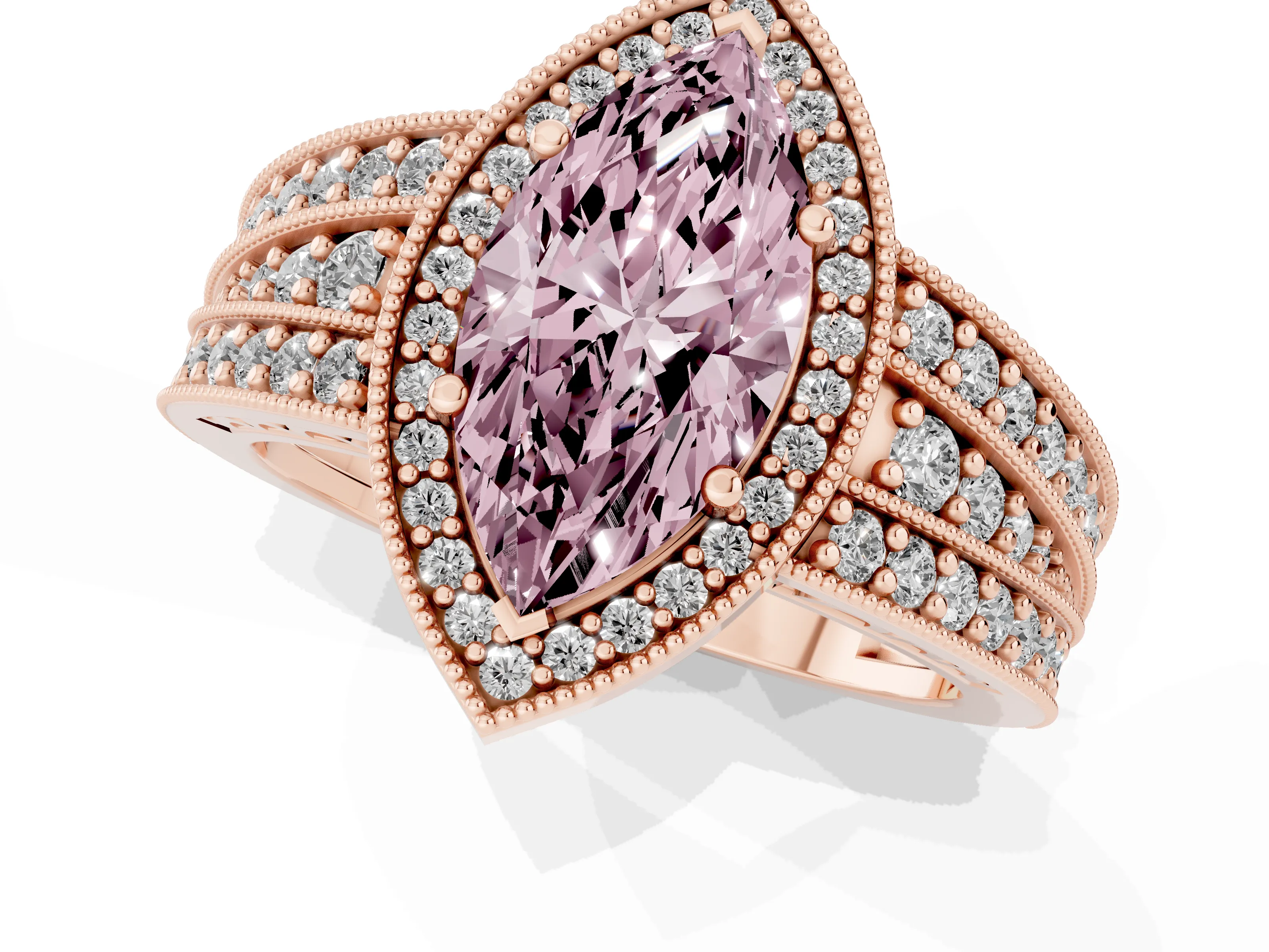 Fancy Pink Marquise Cut Diamond Halo Ring Set in Rose gold with Accent Split Shank and Prong Setting