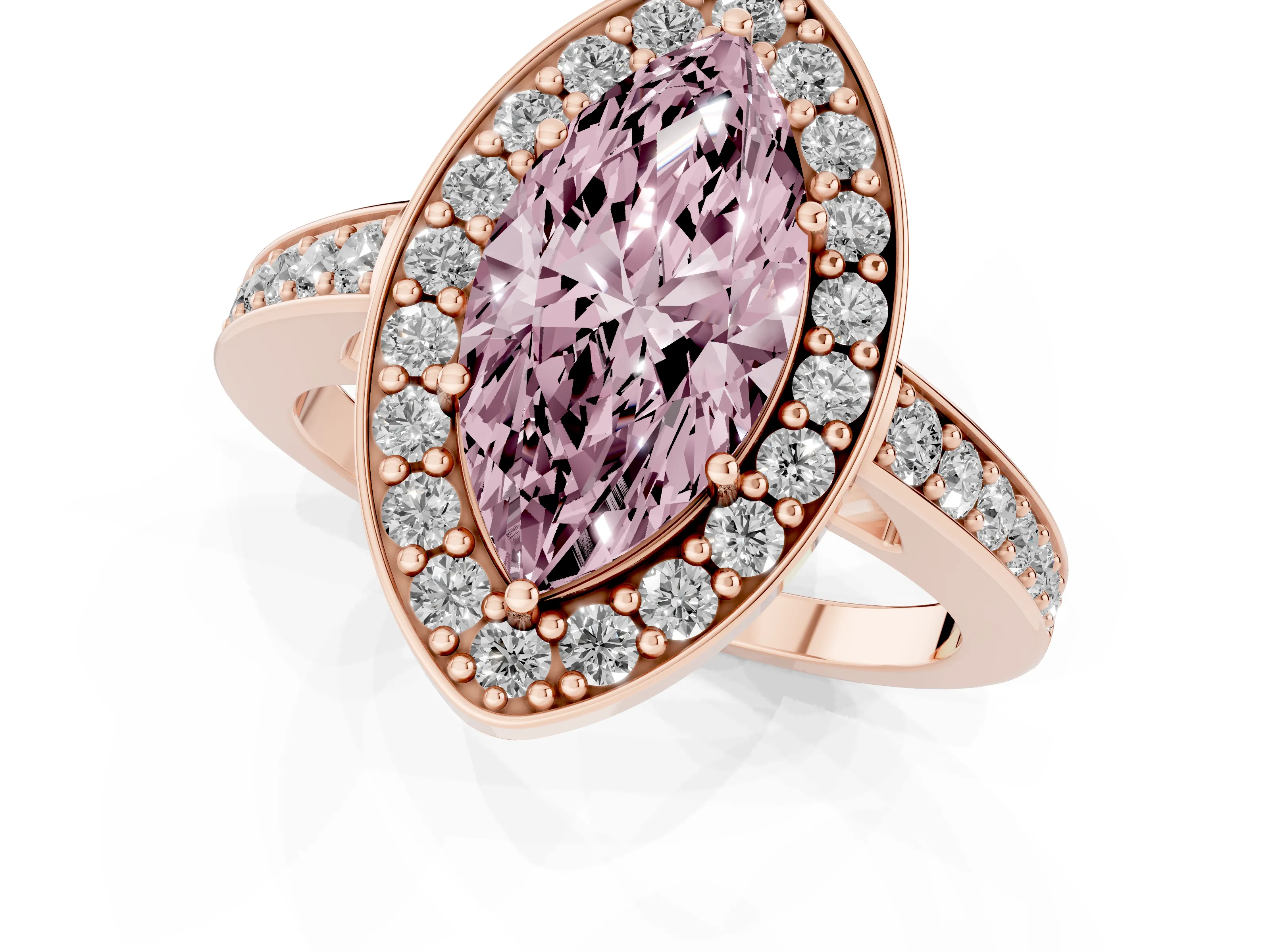 Fancy Pink Marquise Cut Diamond Halo Pavé Engagement Ring Set in Rose gold with Bezel Setting