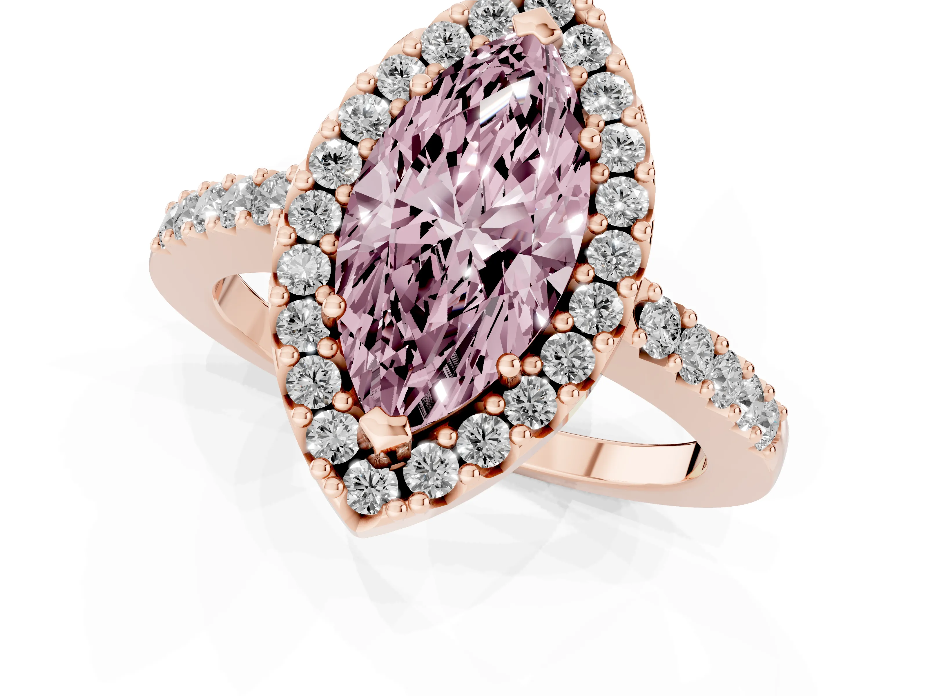Fancy Pink Marquise Cut Diamond Halo Pavé Solitaire Ring Set in Rose gold with Prong-Set Center Stone