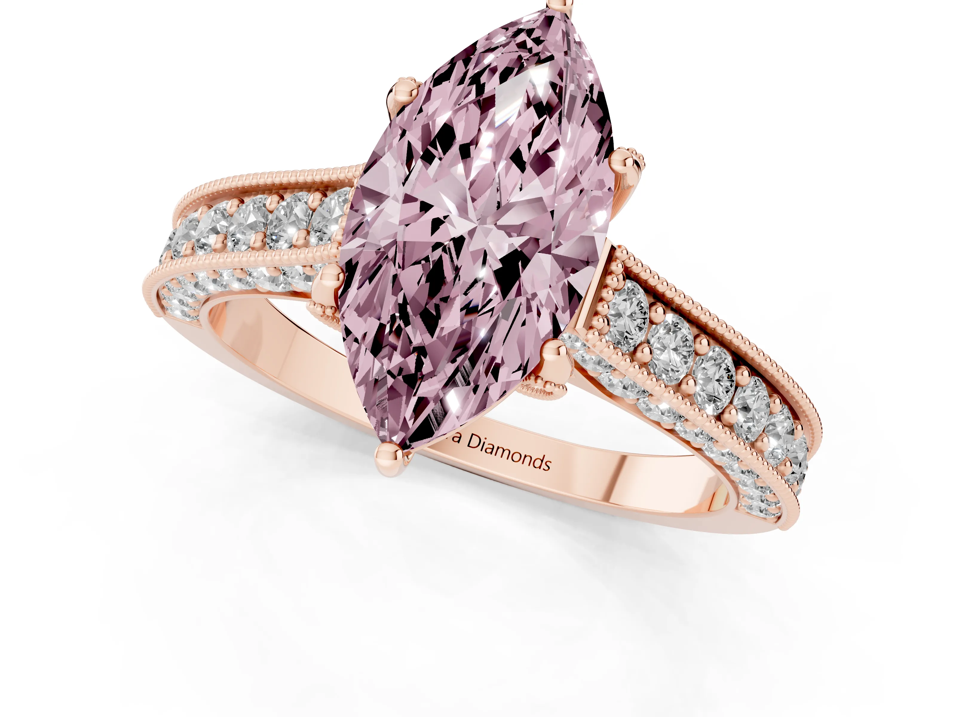 Fancy Pink Marquise Cut Diamond Solitaire Ring Set in Rose gold with Milgrain-Edged Pavé Band and Prong Setting