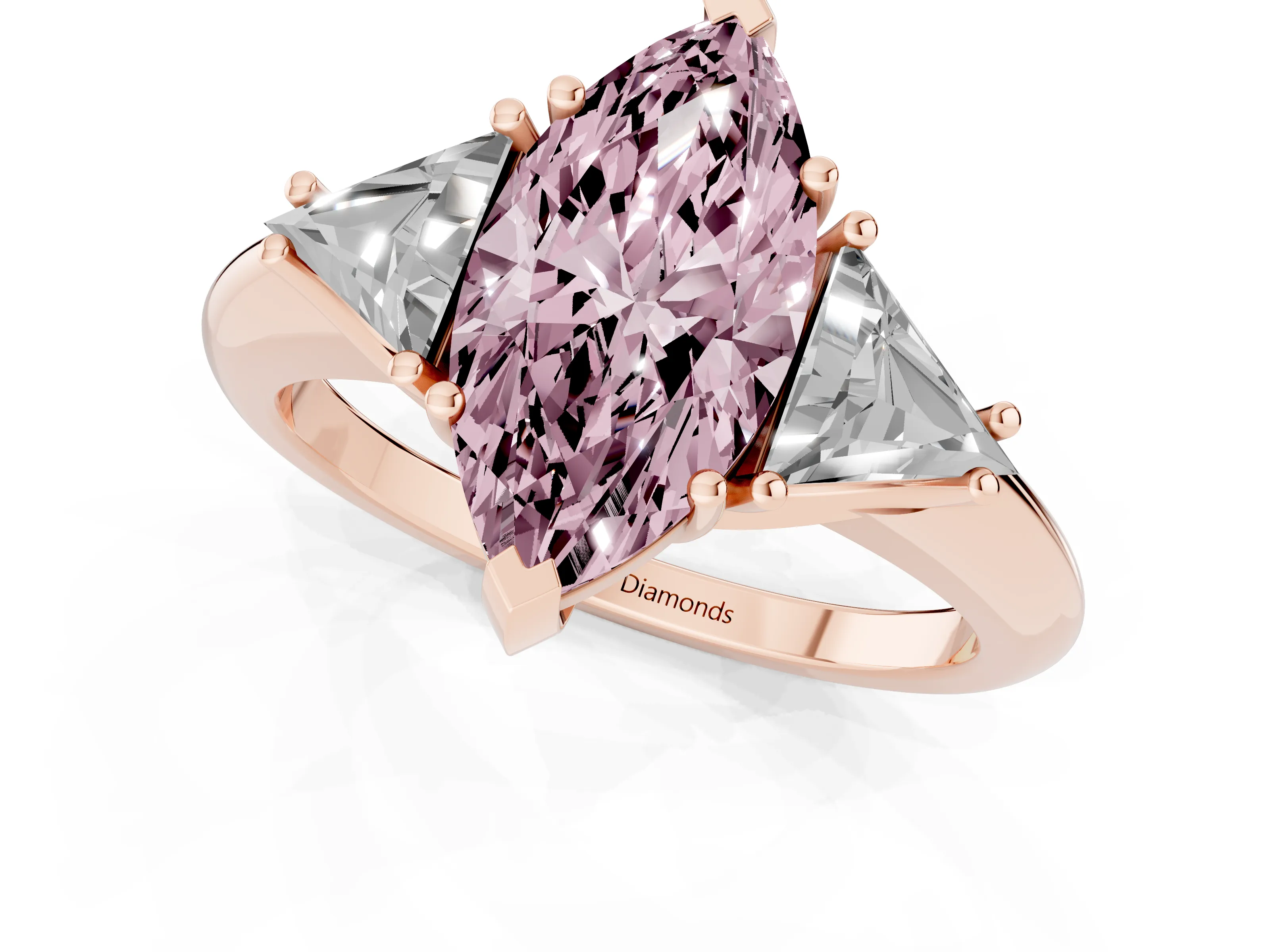 Fancy Pink Marquise Cut Diamond Three-Stone Engagement Ring Set in Rose gold with Trillion Side Stones