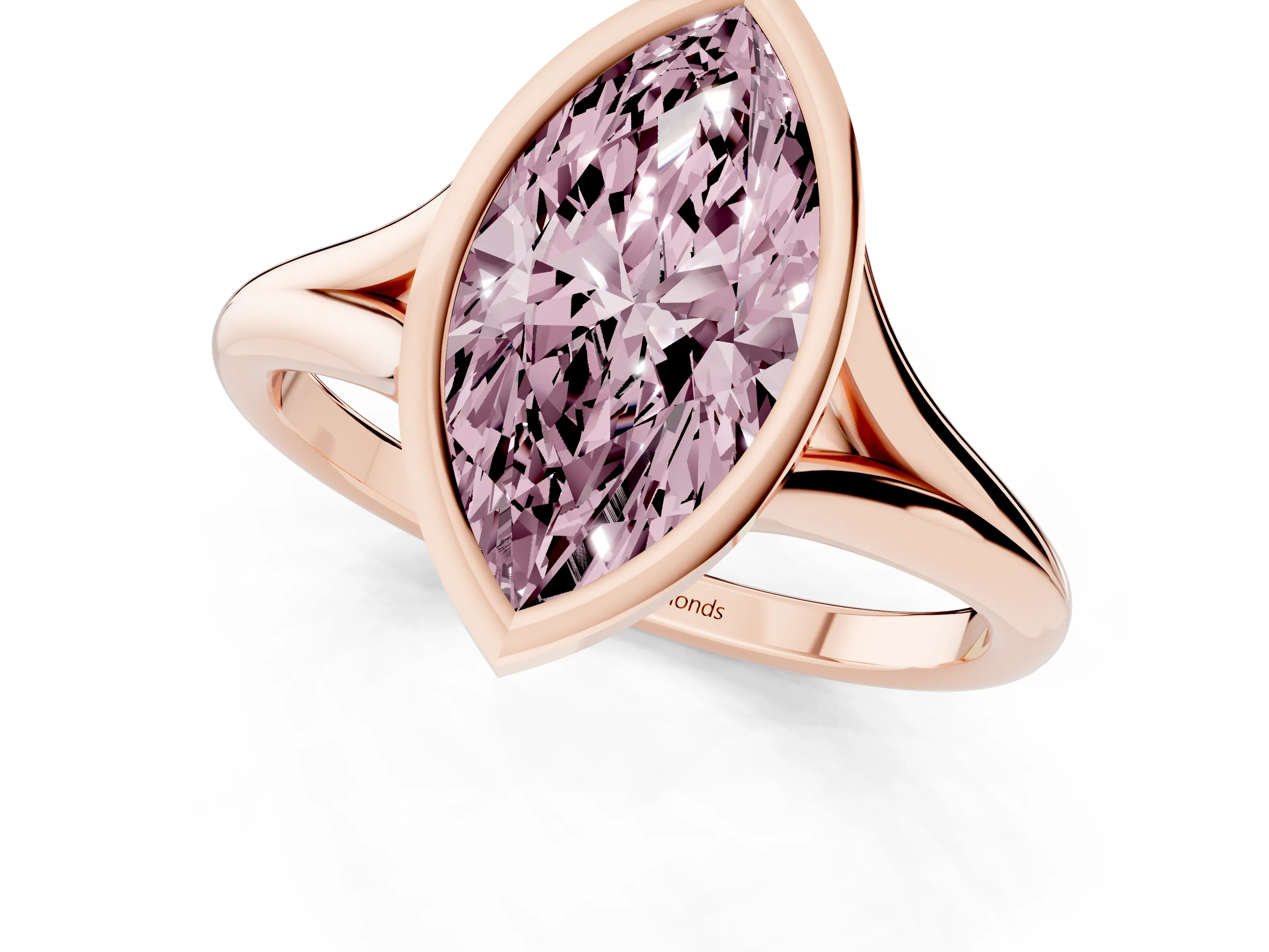Fancy Pink Bezel Set Marquise Cut Diamond Solitaire Ring Set in Rose gold with Tapered Band
