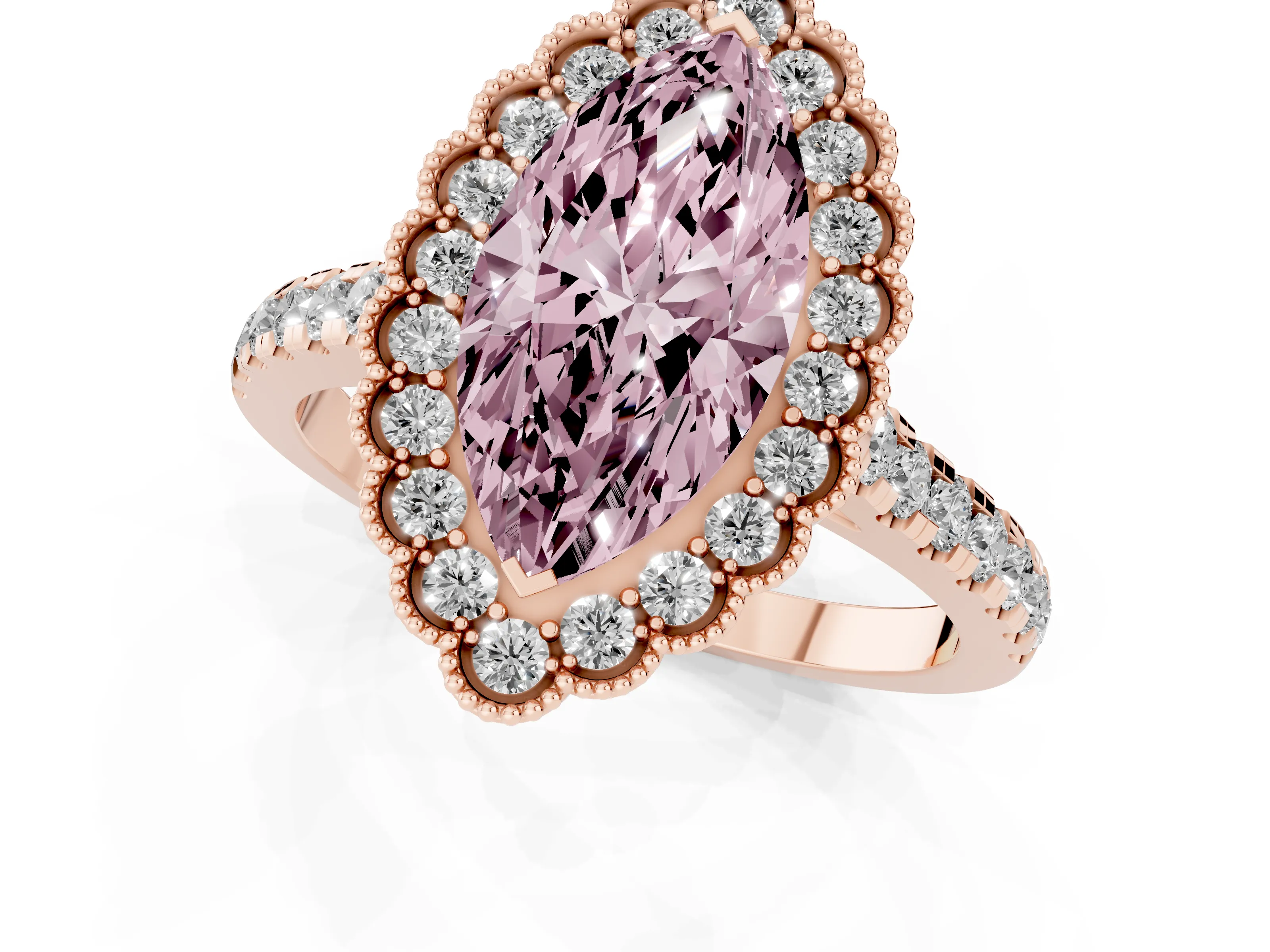 Fancy Pink Marquise Cut Diamond Milgrain Floral Halo Engagement Ring Set in Rose gold with Pavé Band