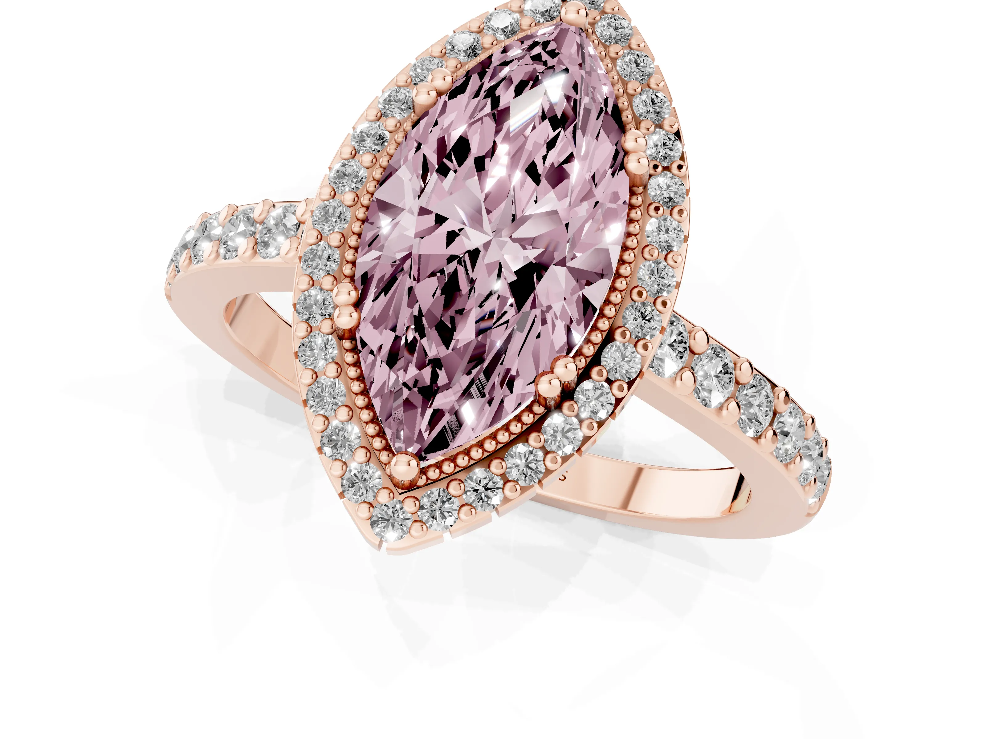Fancy Pink Marquise Cut Diamond Halo Engagement Ring Set in Rose gold with Milgrain Detail and Pavé Band