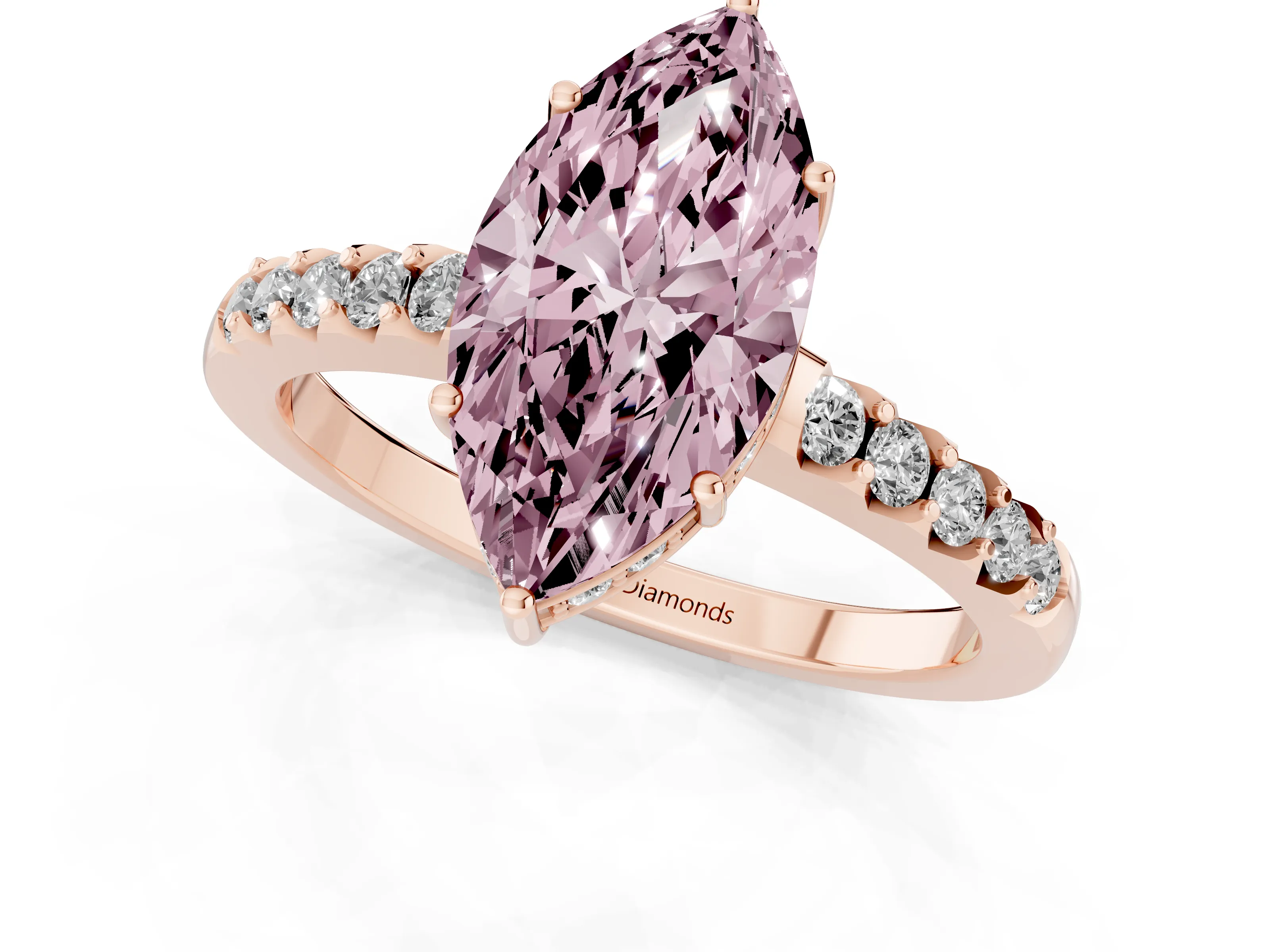 Fancy Pink Marquise Cut Diamond Solitaire Engagement Ring Set in Rose gold with Pavé Band and Prong Setting