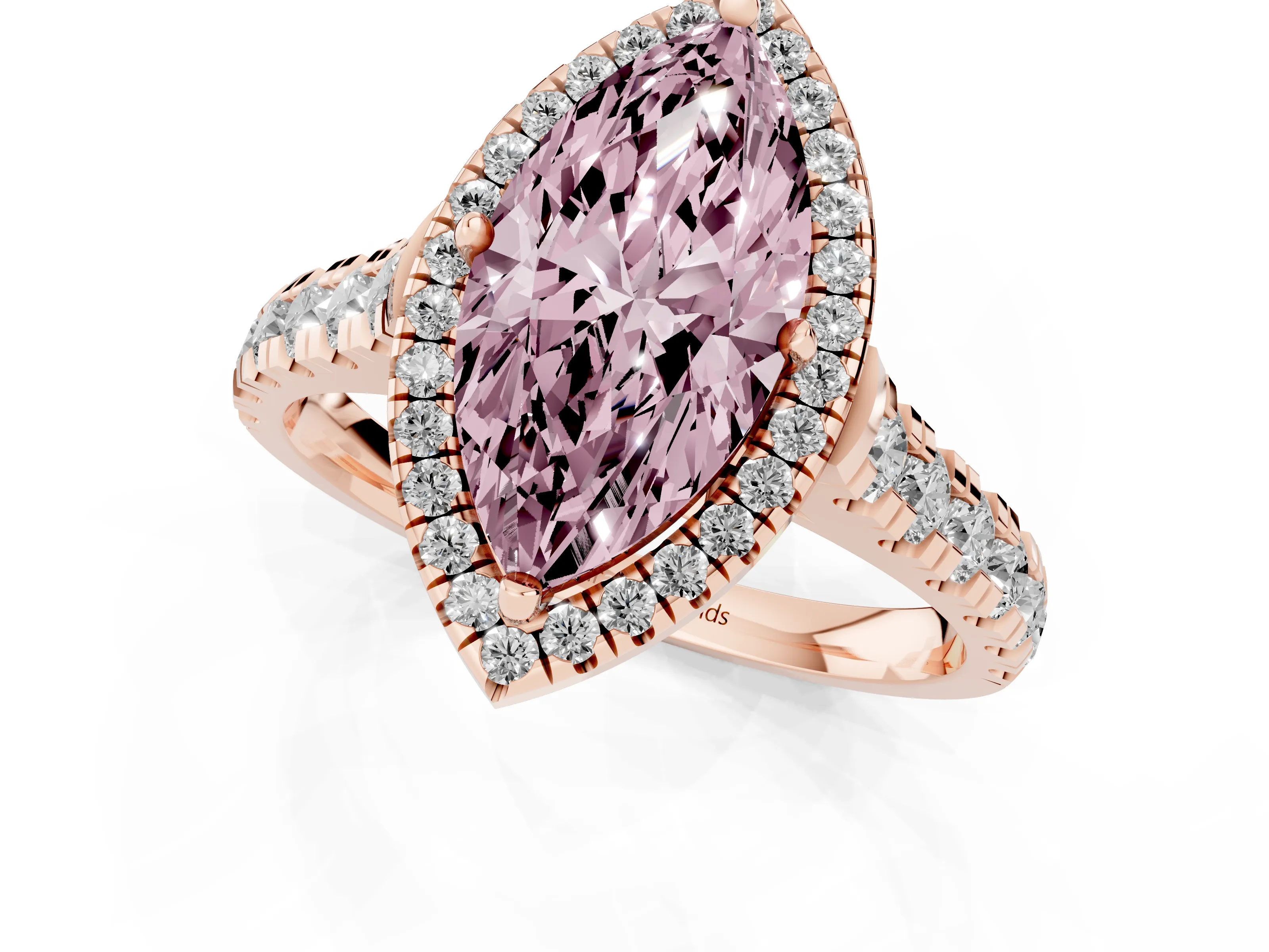 Fancy Pink Marquise Cut Diamond Halo Engagement Ring Set in Rose gold with Pavé Band and Prong-Set Center